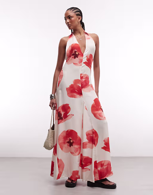 Susmie's halterneck maxi dress with poppy print in white and red