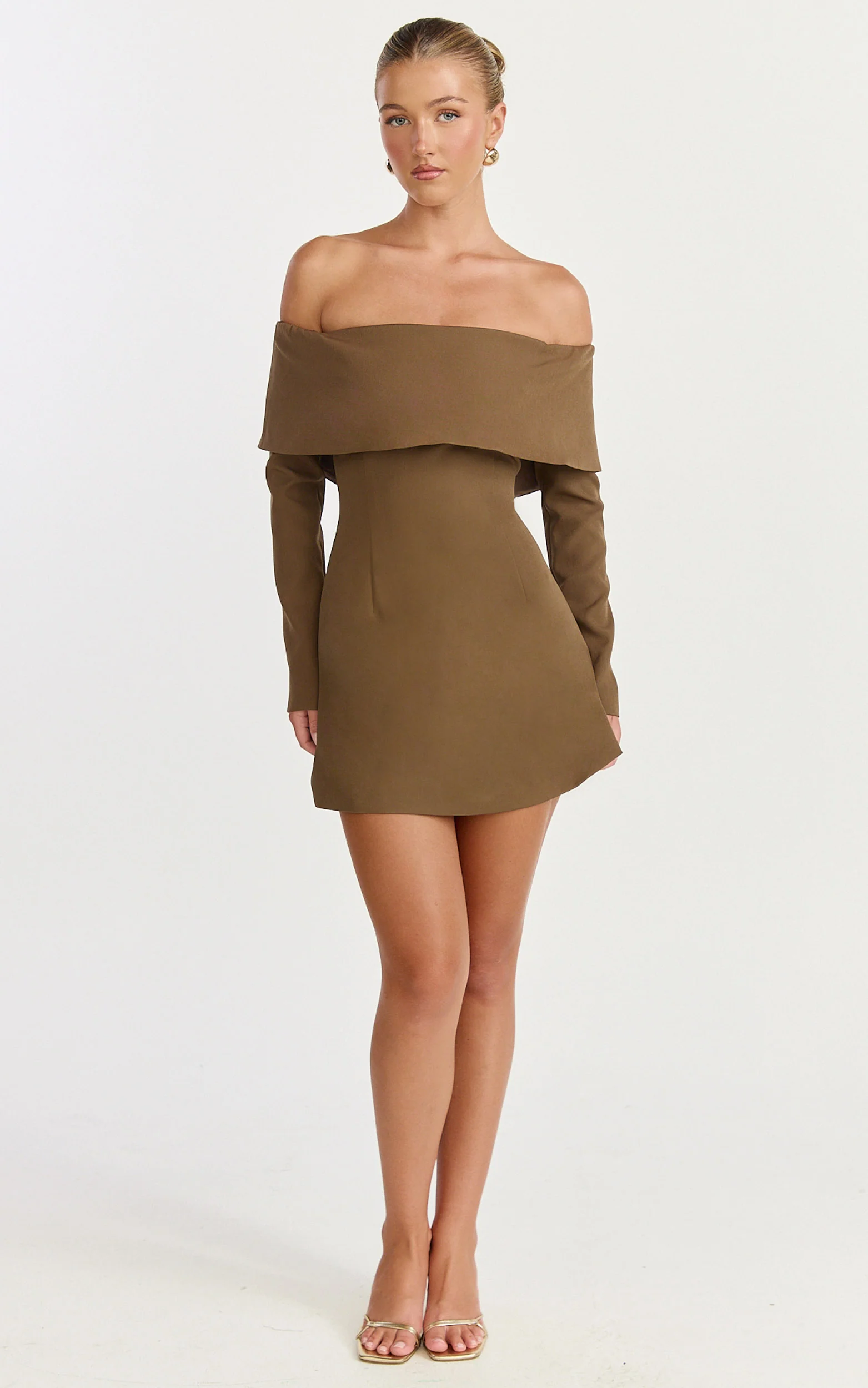 Marigold Mini Dress - Off Shoulder Long Sleeve Dress in Mocha