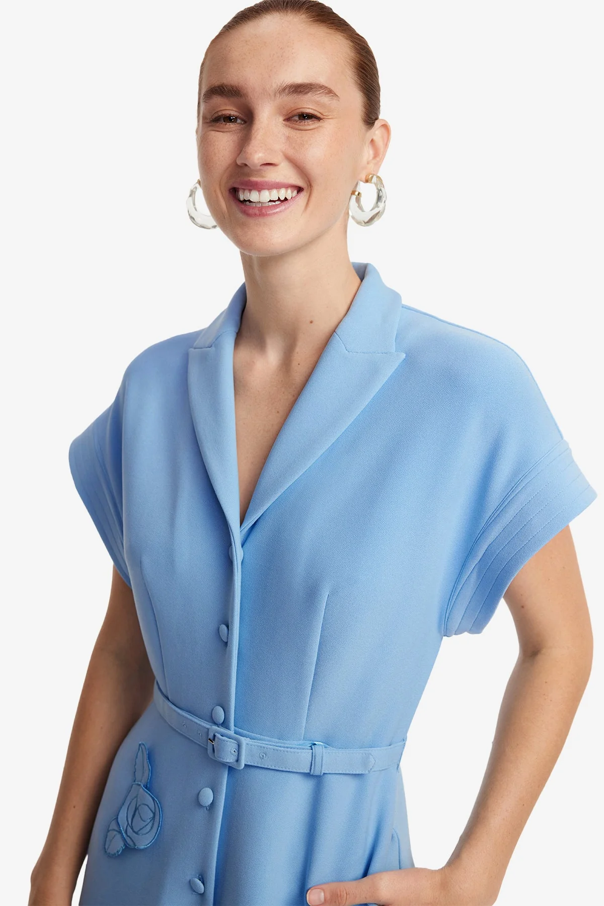 Aubrey Appliqué Shirt Midi Dress - Pastel Blue