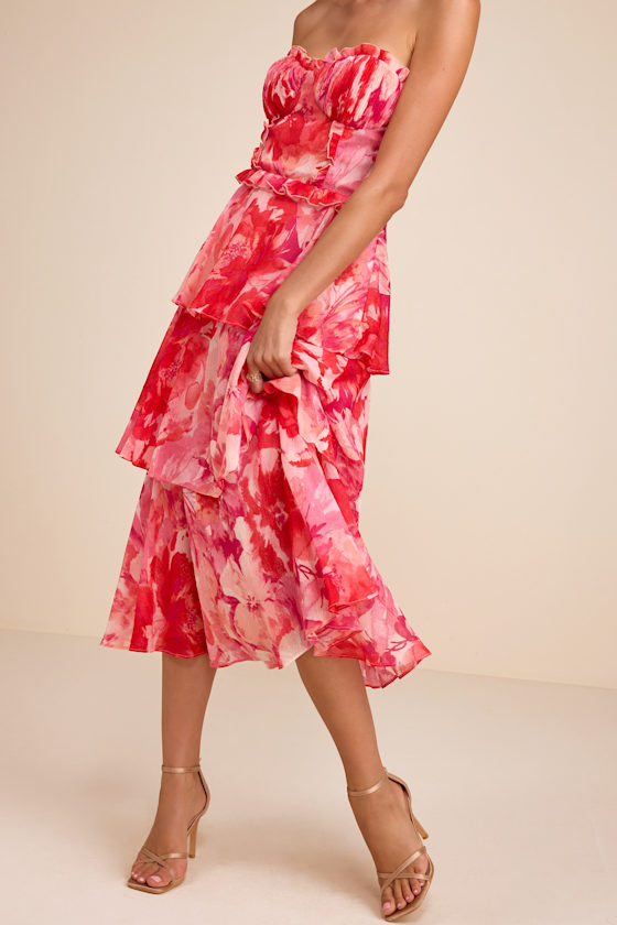 Vaya Red Multi Floral Tiered Midi Dress