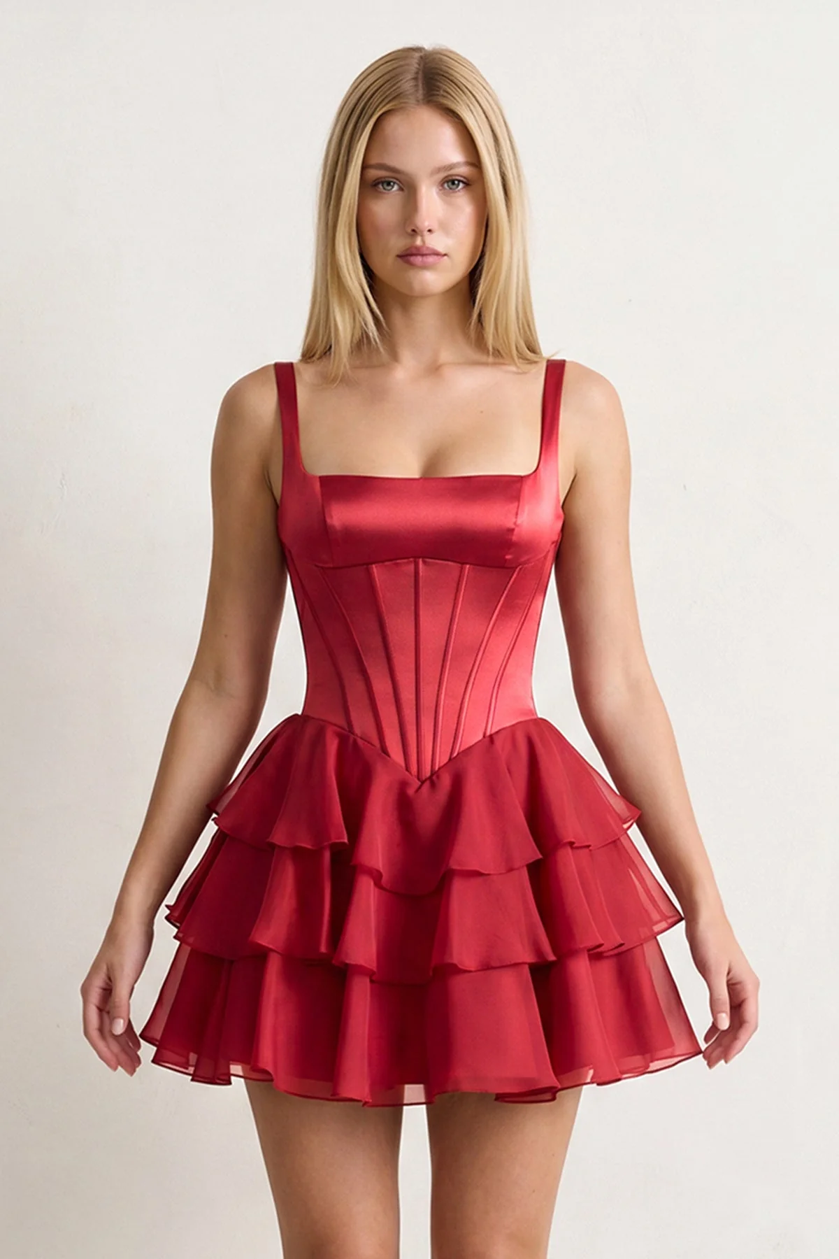 Burgundy Square Neck Satin Corset Ruffled A-Line Homecoming Dress