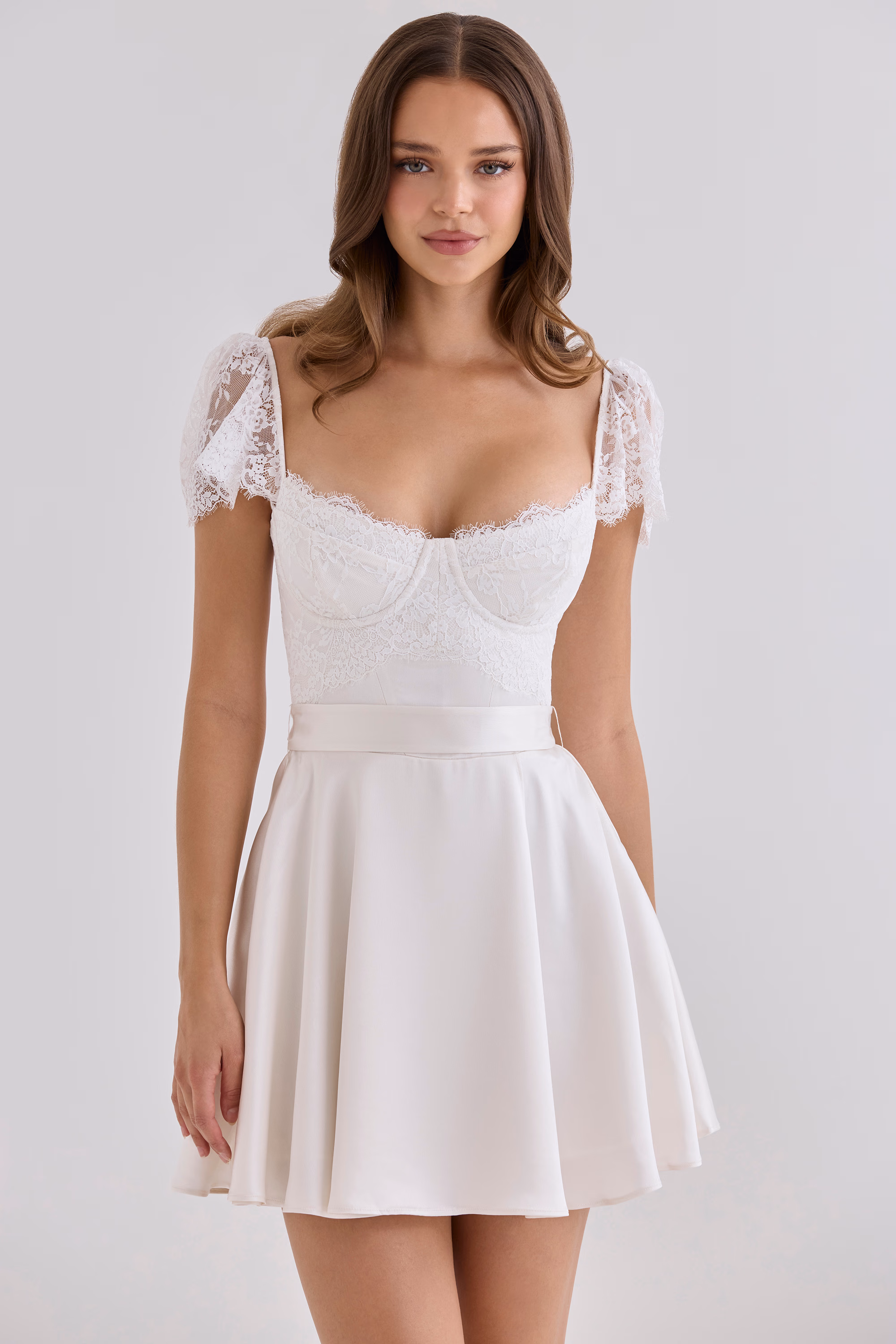 White Satin + Lace Mini Dress With Detachable Waist Tie