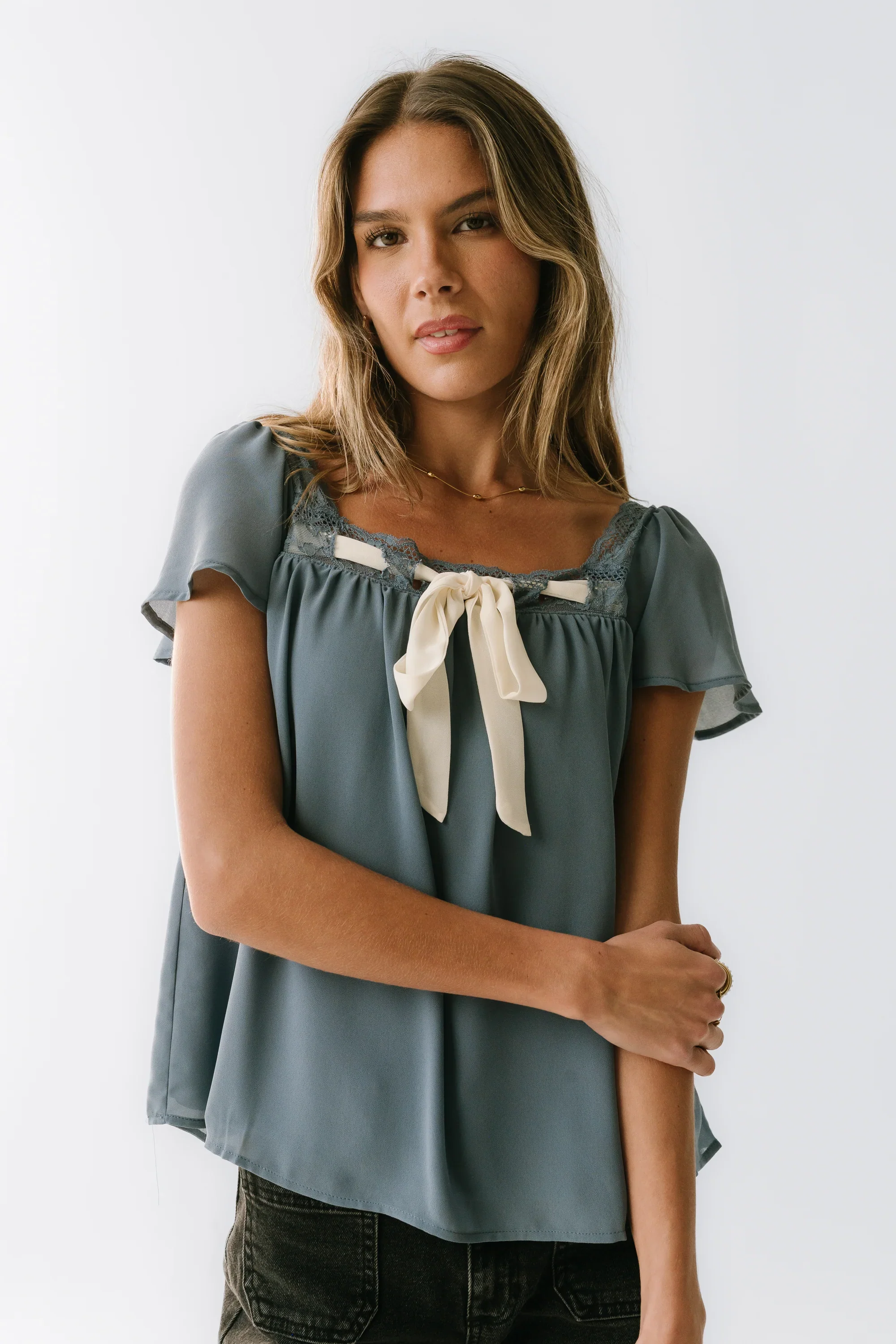 Gianna Lace Trim Blouse in Blue