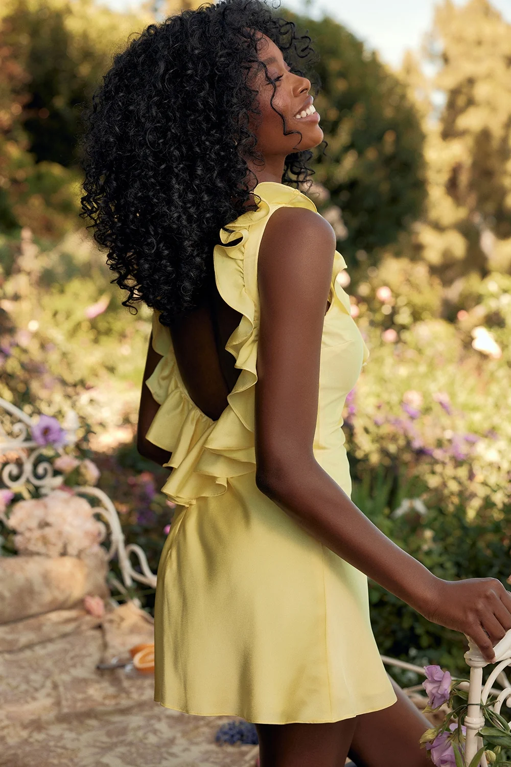 buttercup satin ruffle mini dress