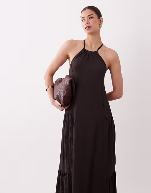 textured halter trapeze maxi dress in chocolate