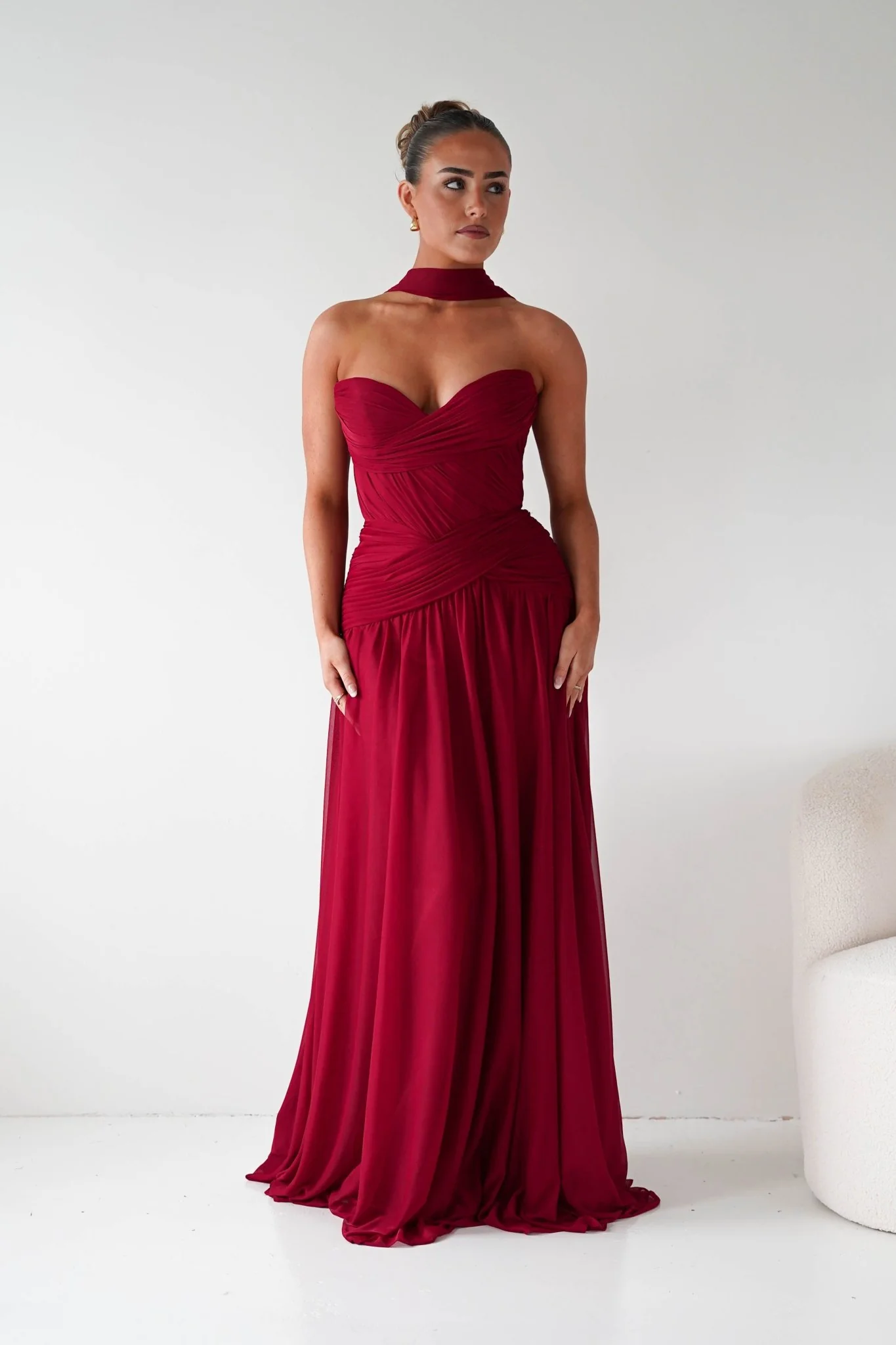Nicolette Strapless Chiffon Maxi Gown | Dark Red