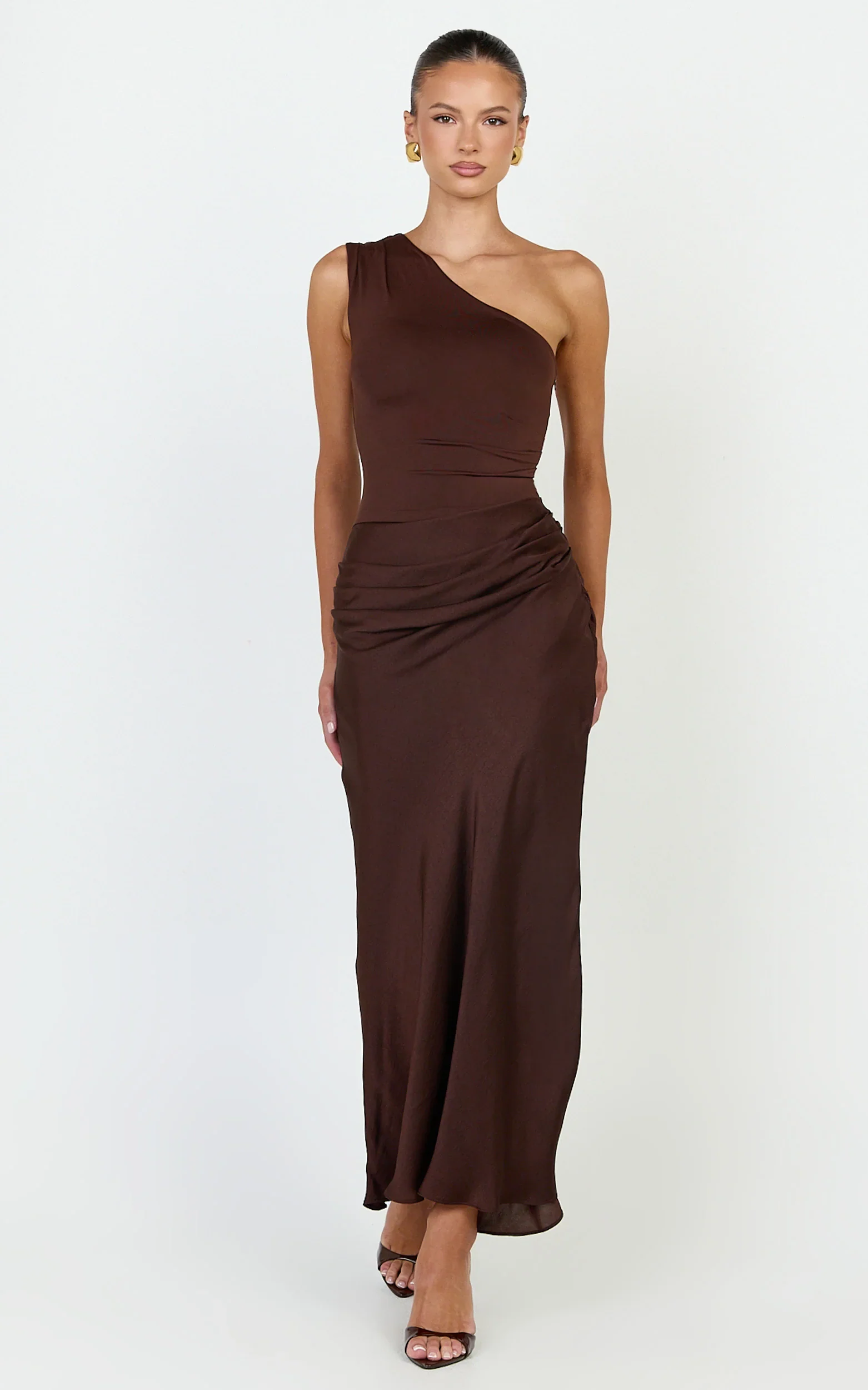 Astrid Midi Dress - One Shoulder Contrast Satin Dress in Chocolate