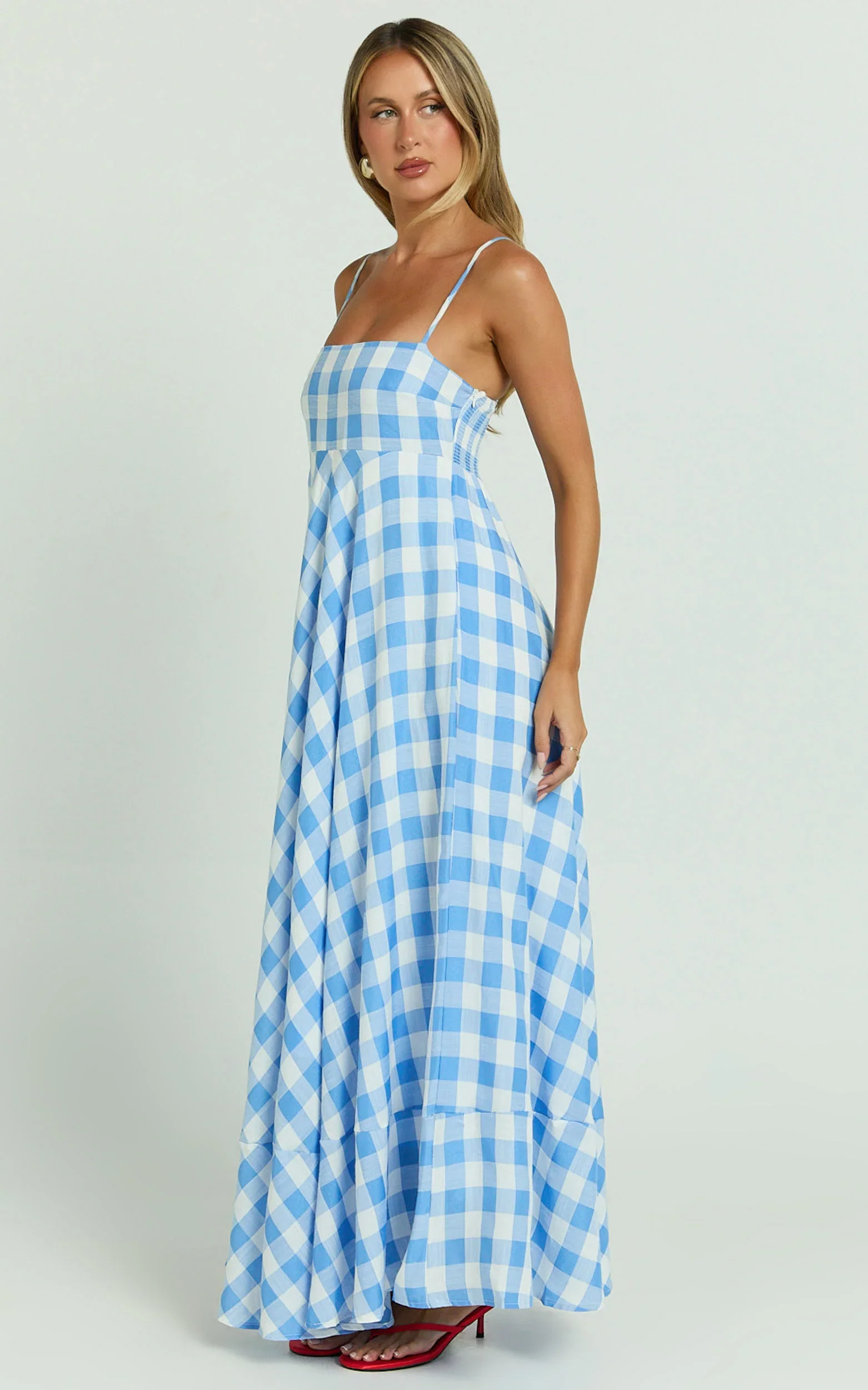 Katrien Maxi Dress - Strappy Empire Waist Flare Dress in Blue Check