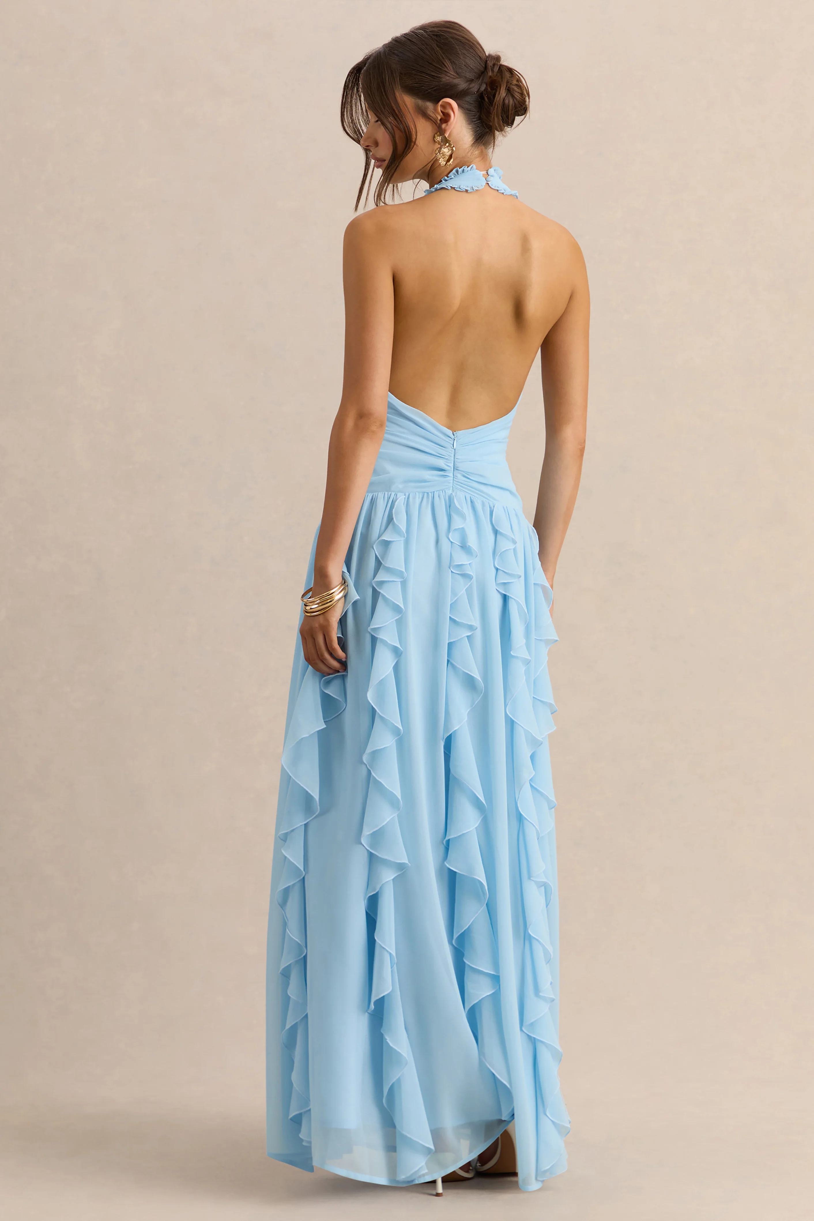 Bea | Powder Blue Plunge-Neck Ruffled Maxi Dress