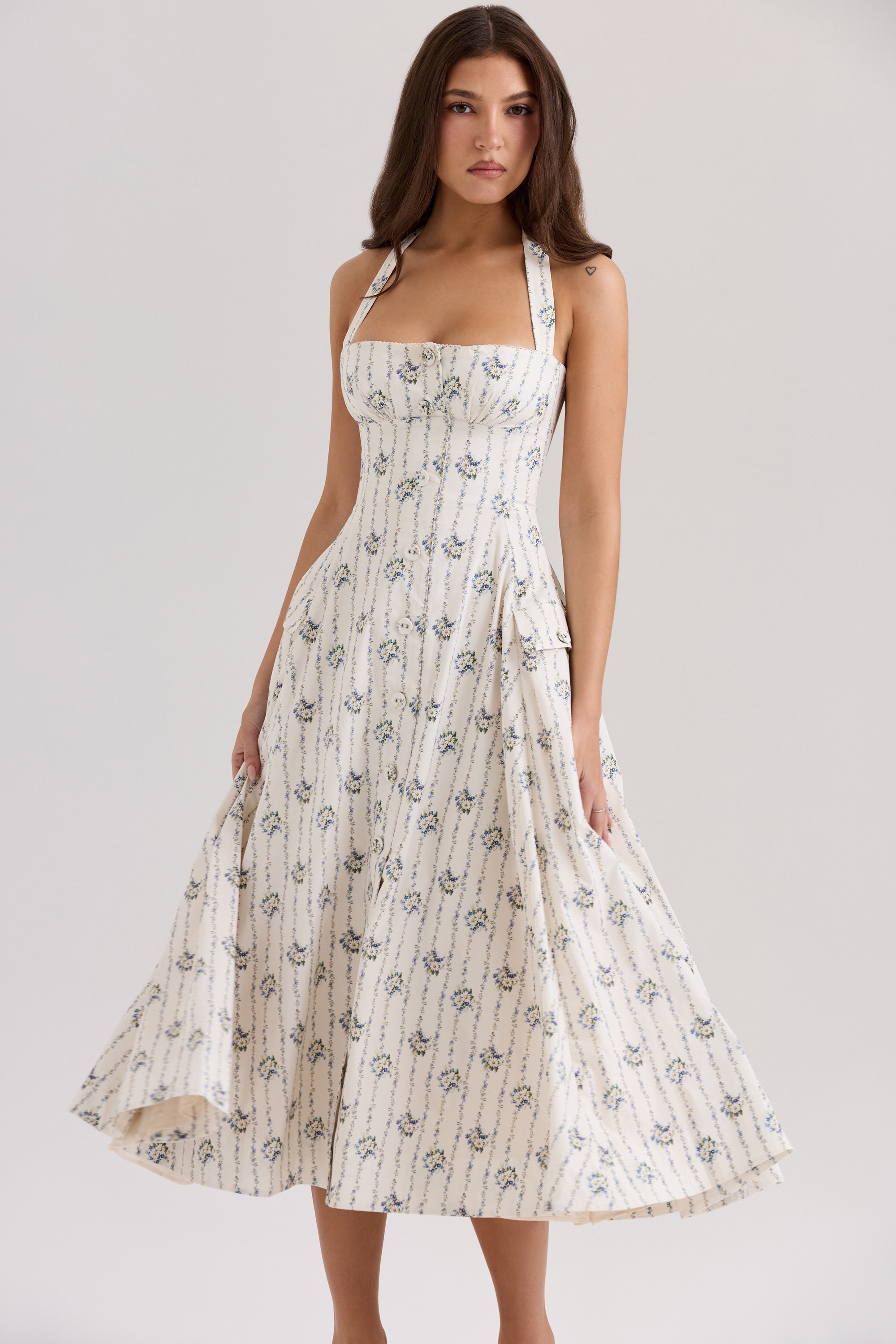 cream daisy print stretch cotton halter neck midi dress