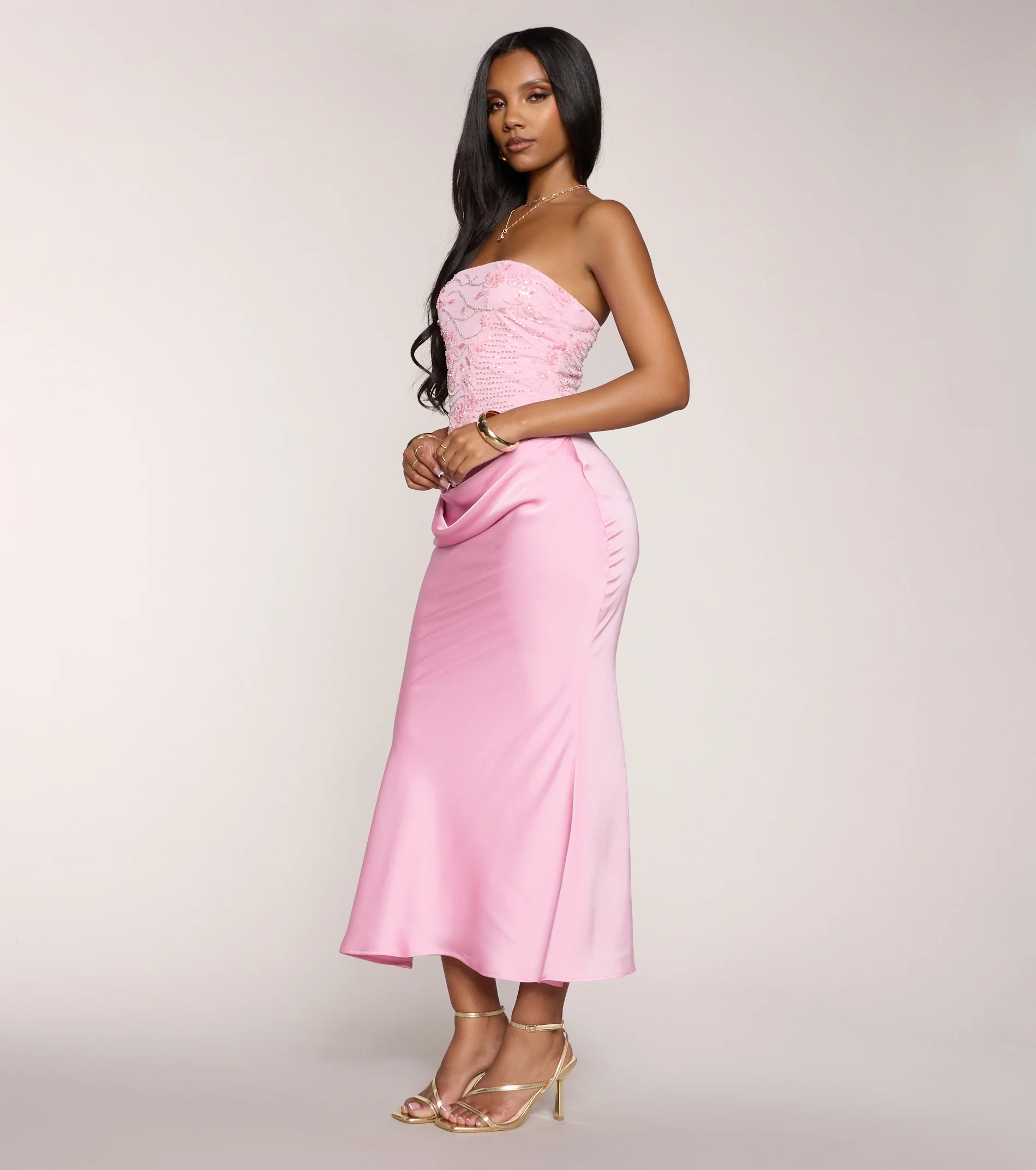 Satin Glow Strapless Beaded Midi Dress - FASHION NOB