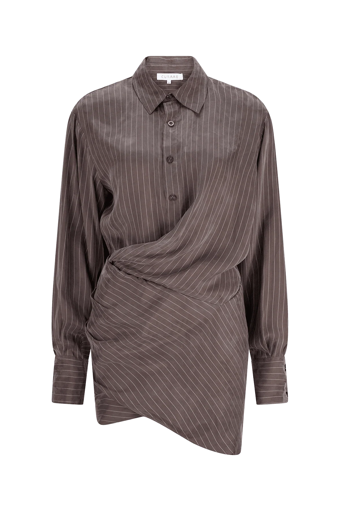 CURAAE Grace Mini Pinstripe Drape Button Down Shirt Dress In Grey