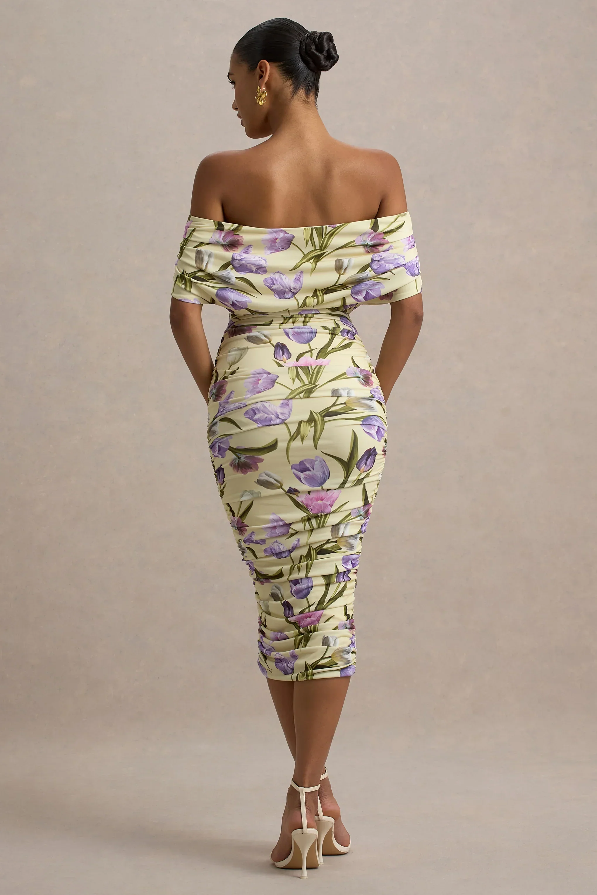 Rayleigh | Tulip Floral Print  Bardot Ruched Midi Dress