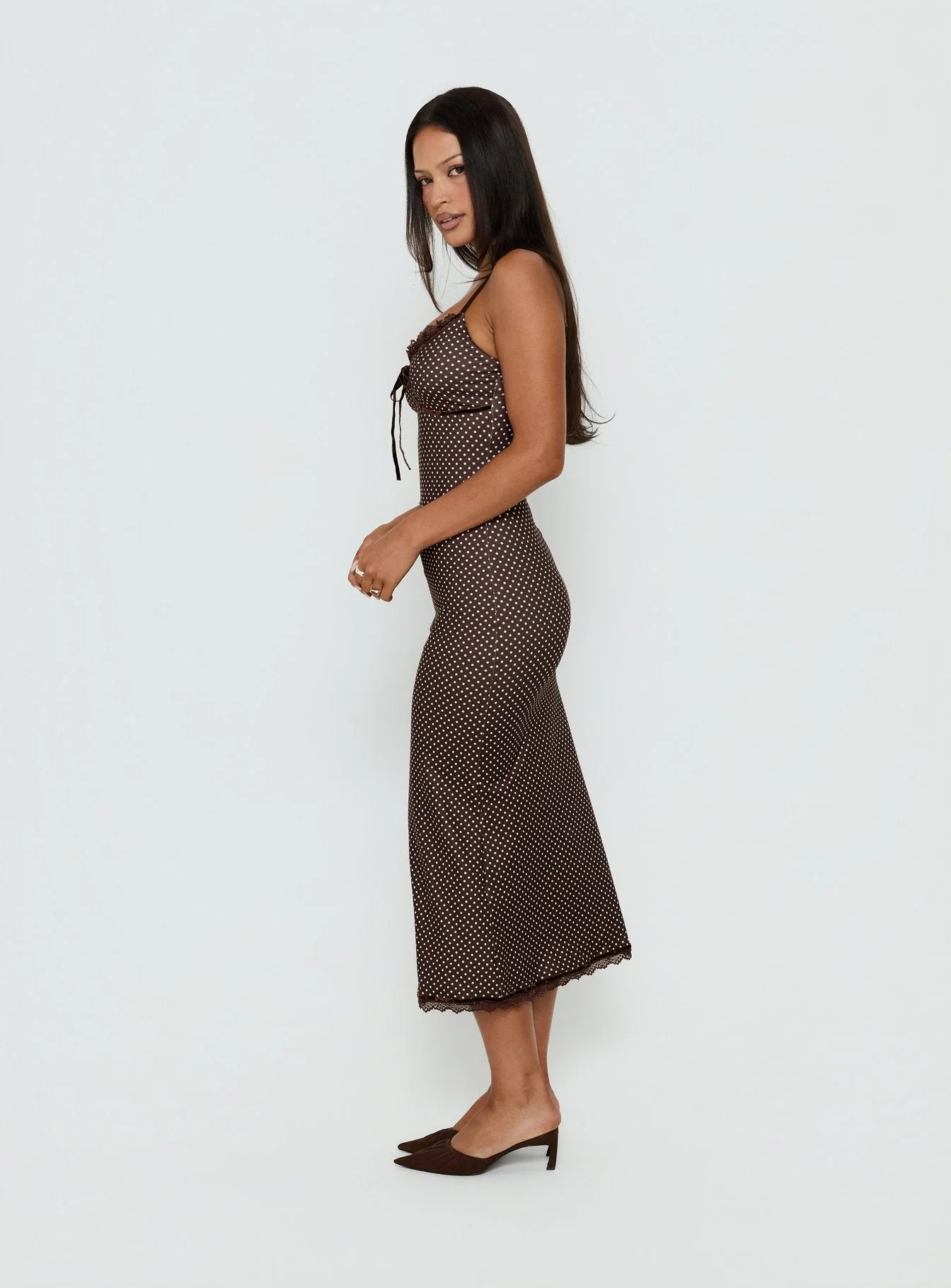 Delaney V Neck Frill Midi Dress Brown / Pink Polka Dot