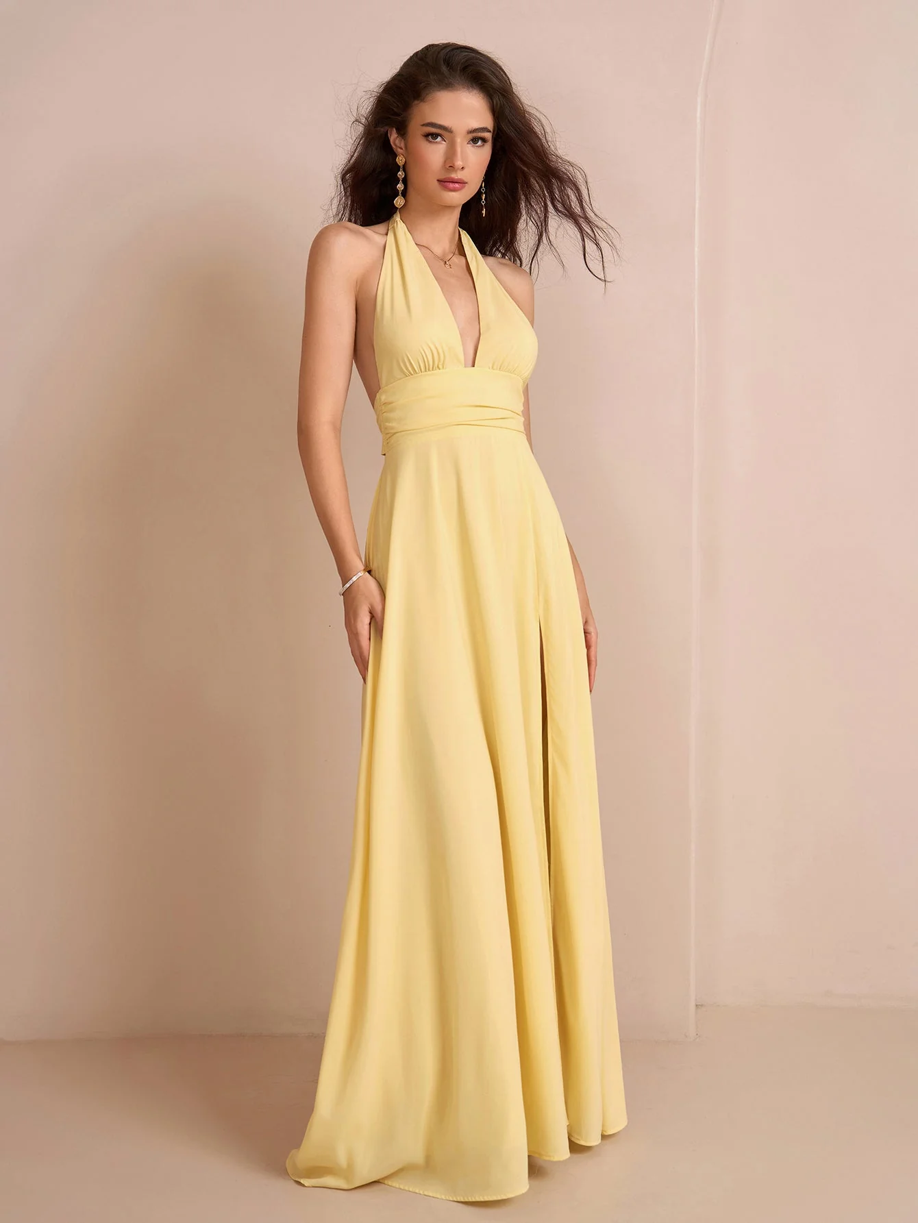 Deep V-Neck Halter Bow Tie Back Split Thigh Long Dress