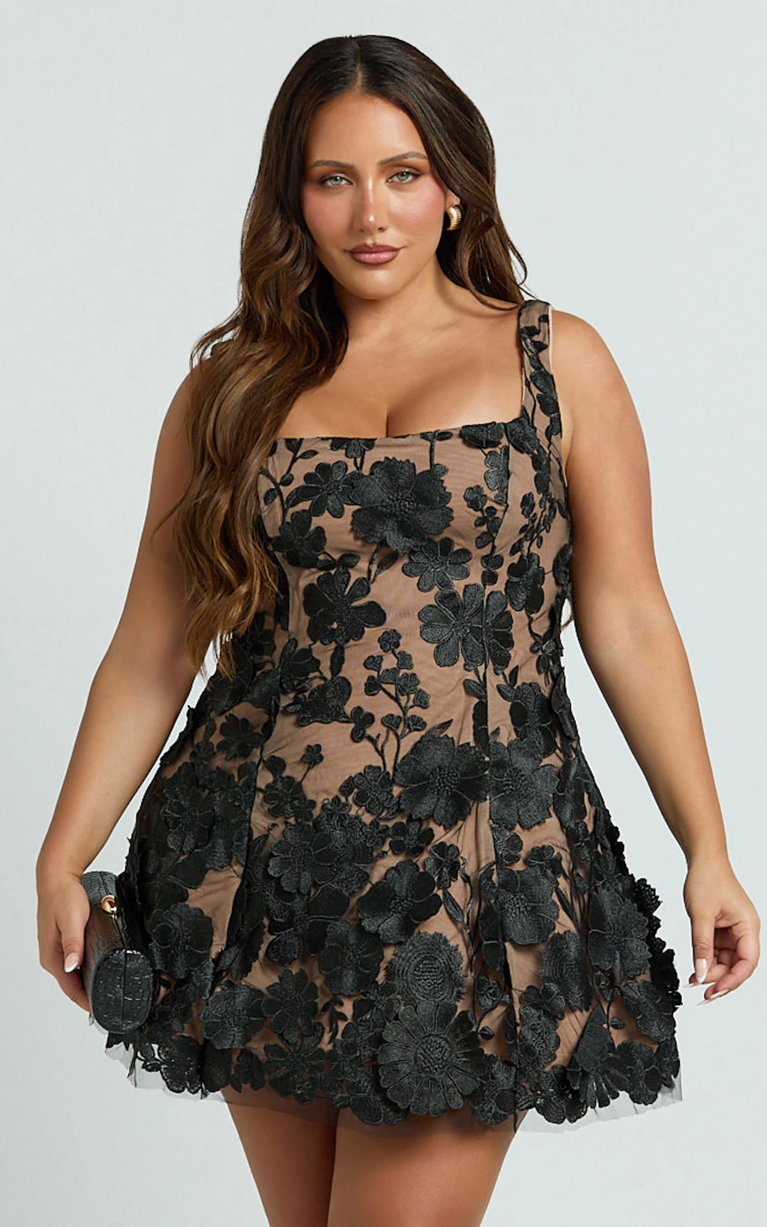 Sienna Mini Dress - 3D Floral Fit And Flare Dress in Black