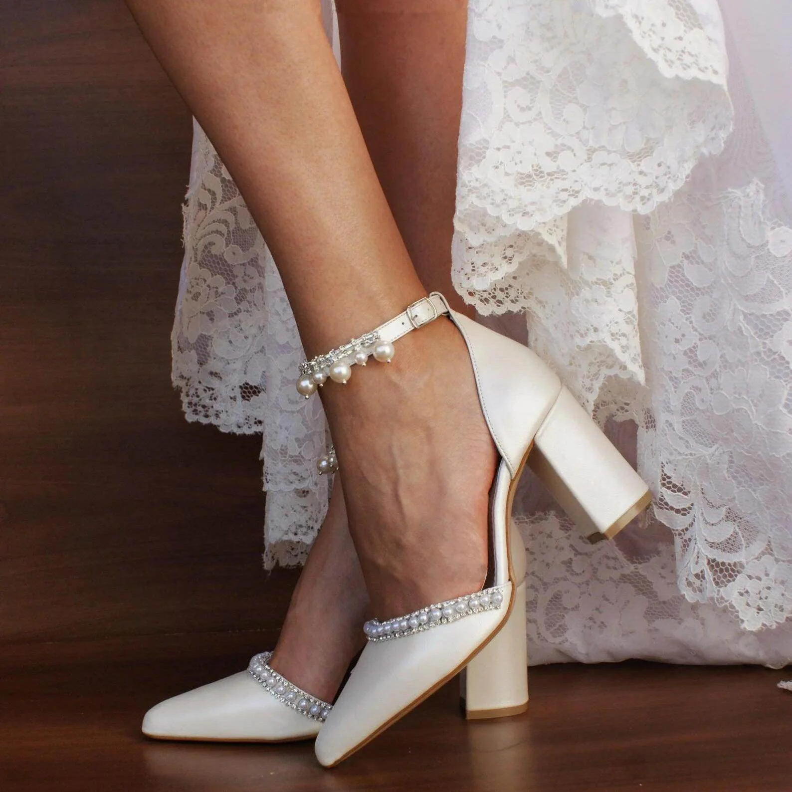 White  Pearl  Ankle Strap Pointy  Block Heels 709119829327