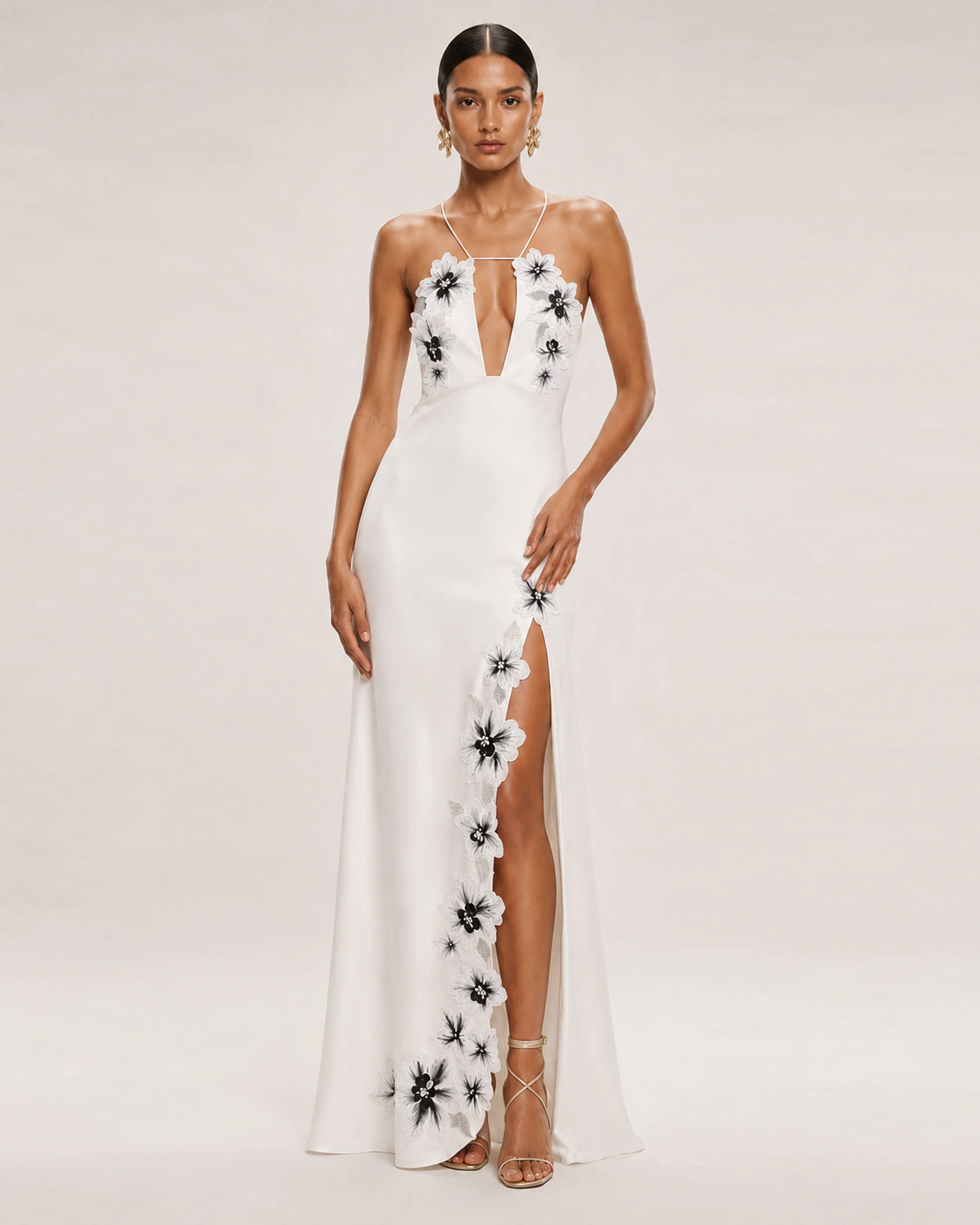 Flower Embroidered Cutout Halter Maxi Dress - White