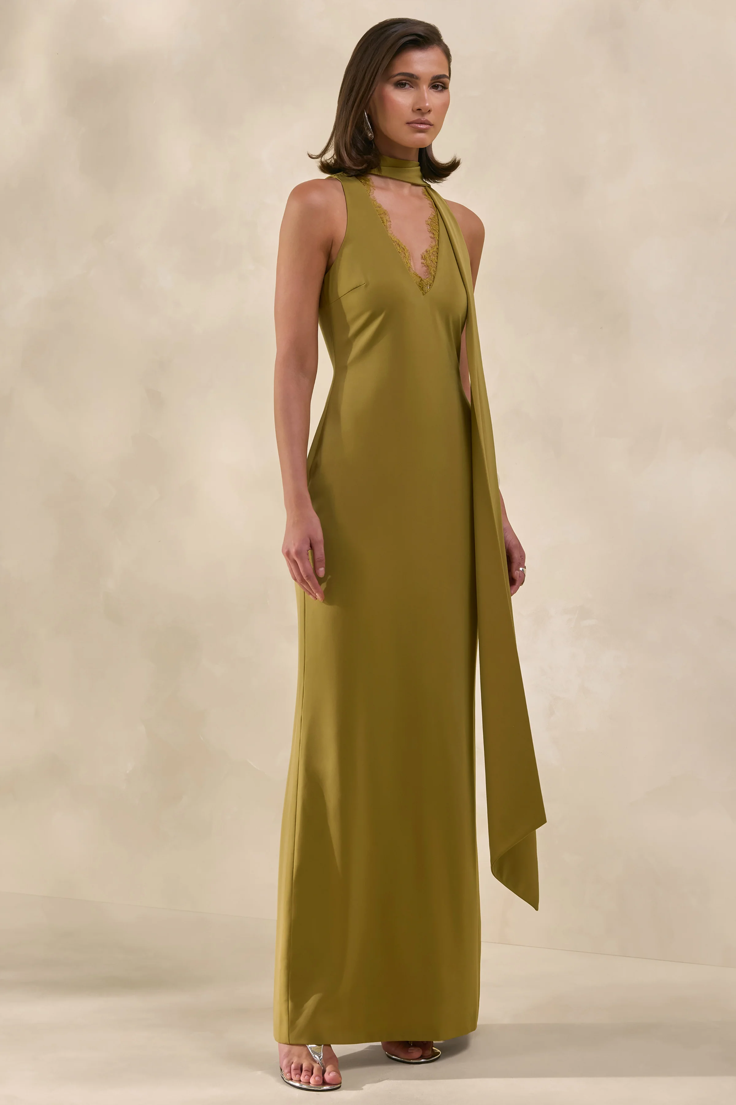 True Icon | Olive Satin High-Neck Maxi Slip Dress With Sash