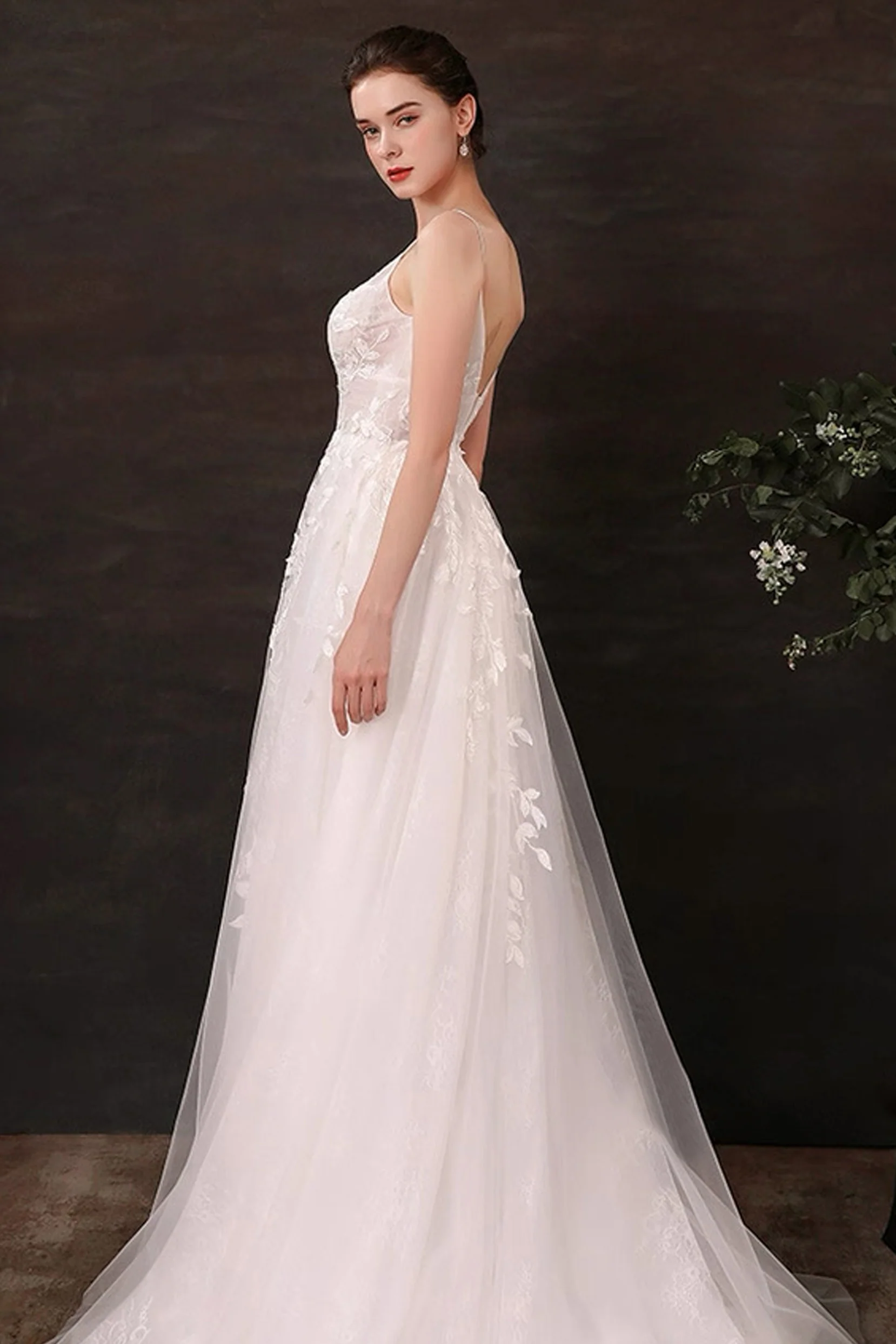 A-Line Floor Length Lace Tulle Wedding Dress CW3119