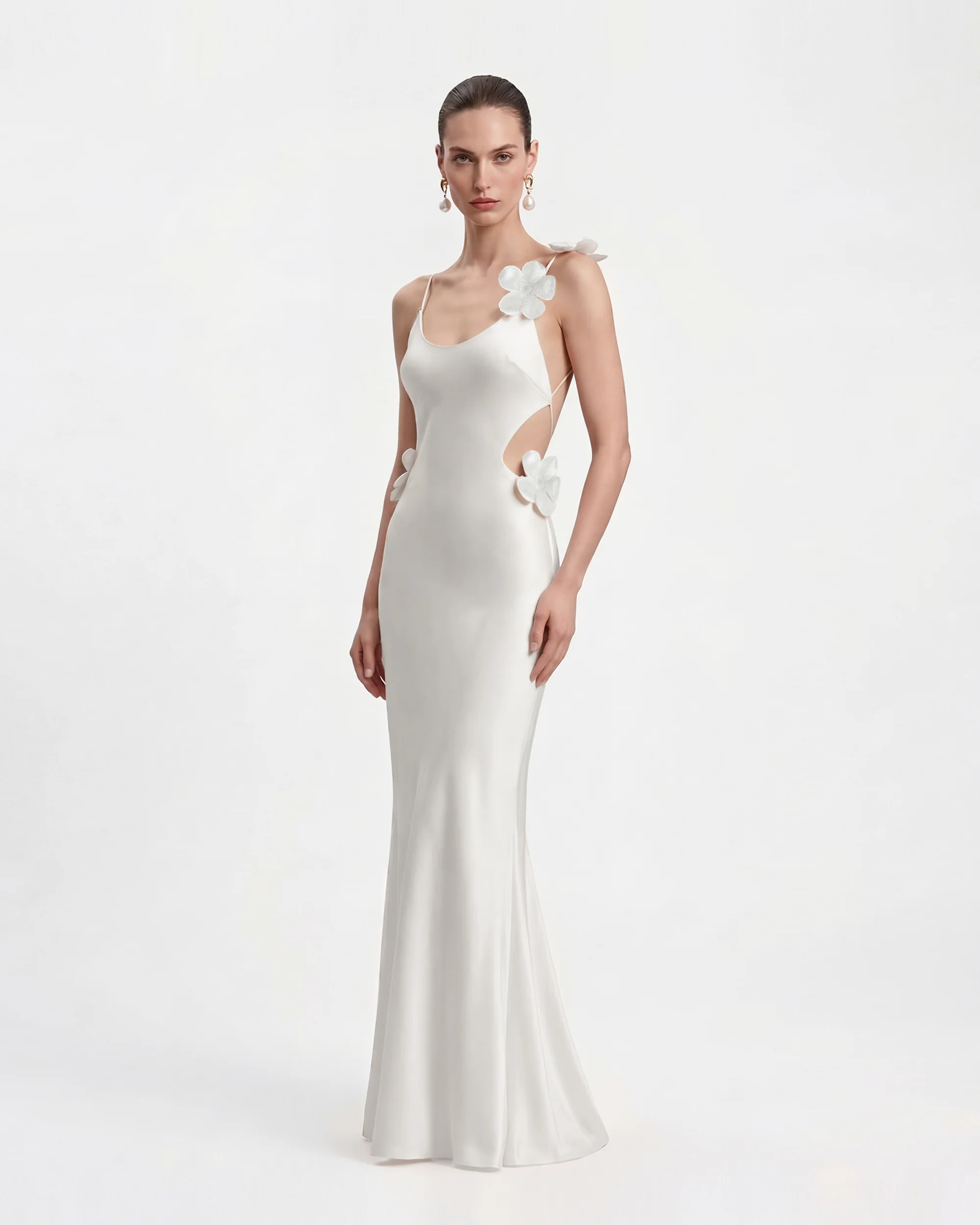 3D Floral Appliqué Satin Dress - White - FASHION NOB