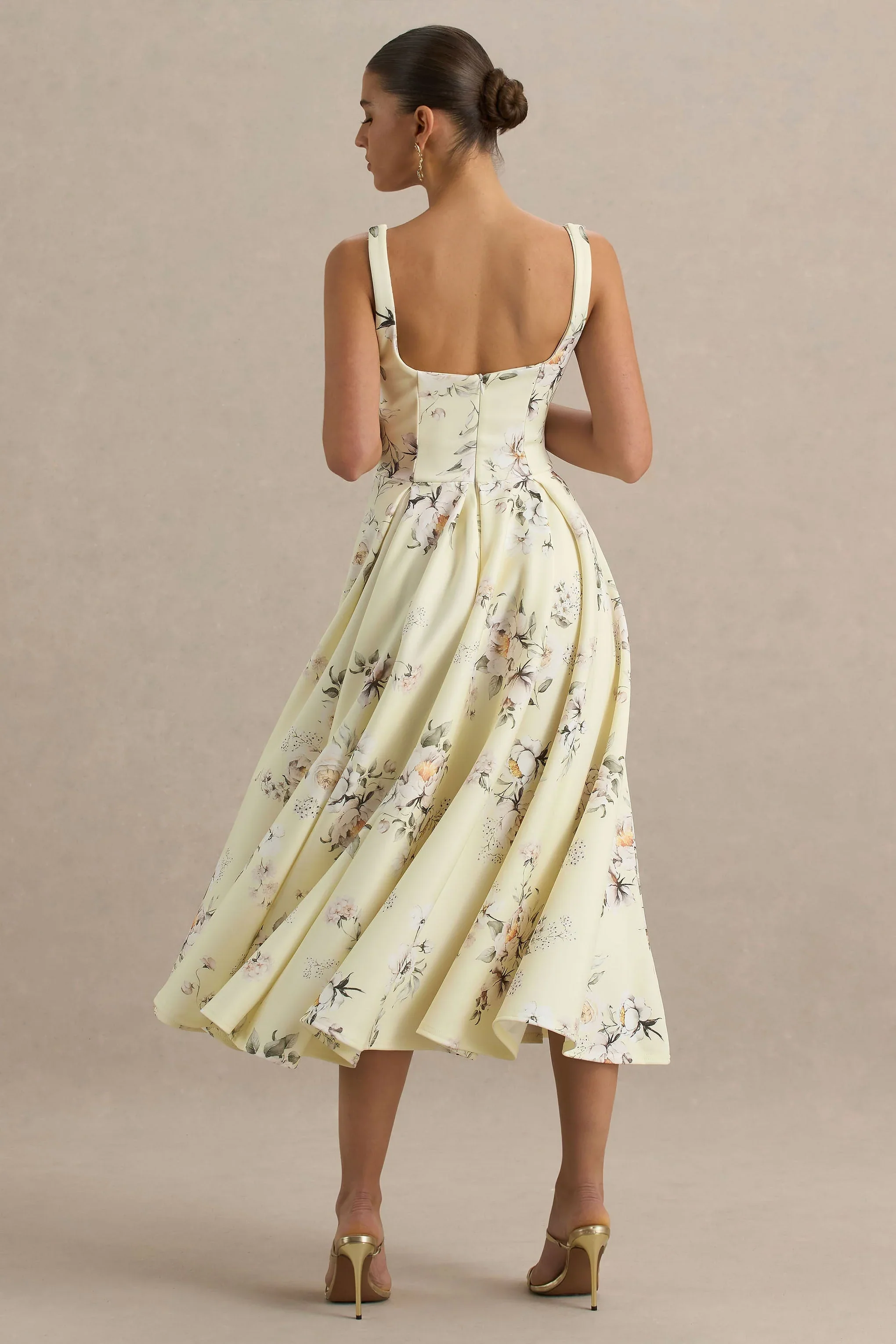Lissa | Lemon Floral Bouquet Print Square-Neck Midi Dress