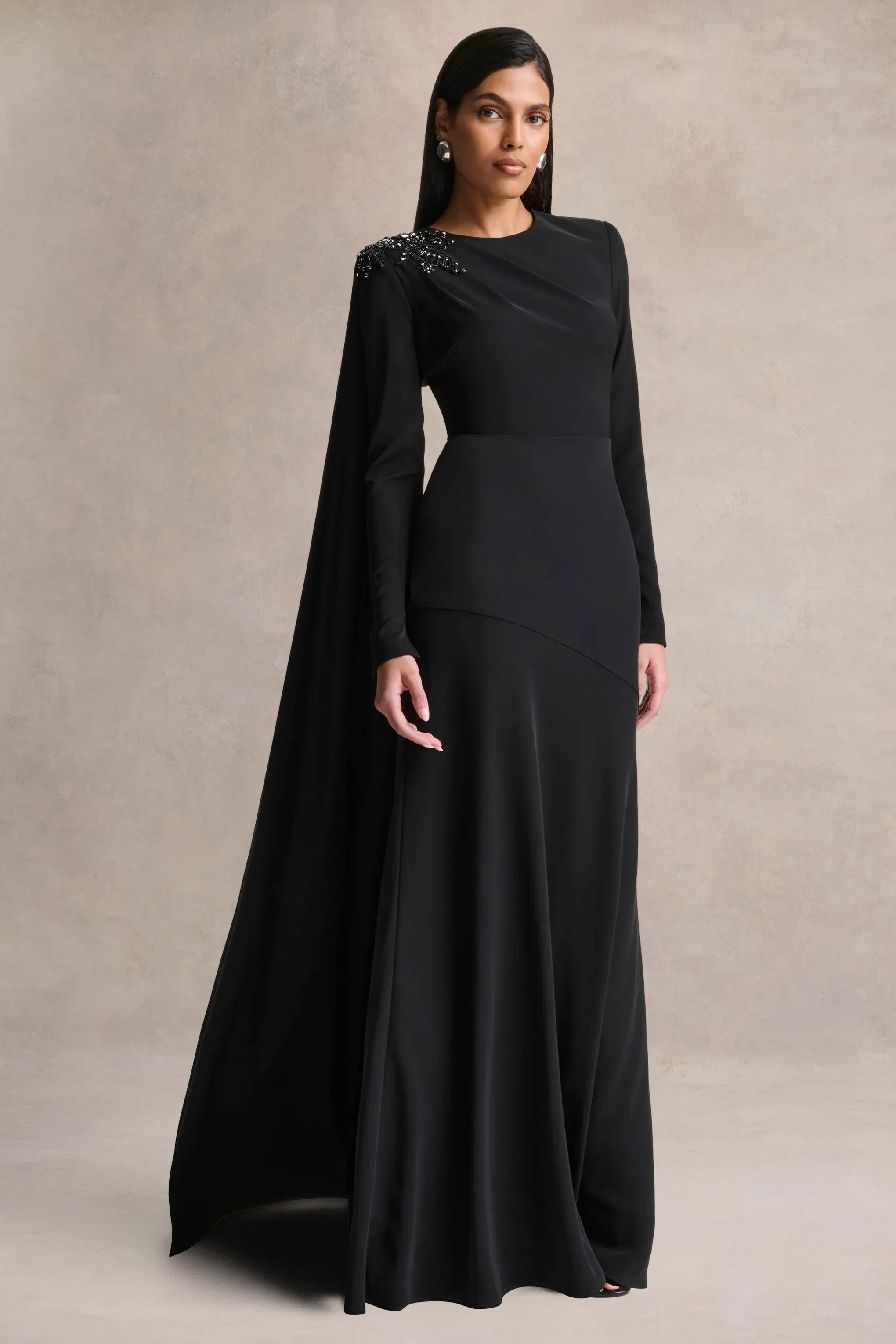 Reese | Black High-Neck Maxi Dress With Embellished Detail and Sash
