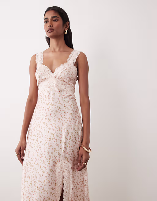 Miss Selfridge satin and lace maxi dress in pink floral print