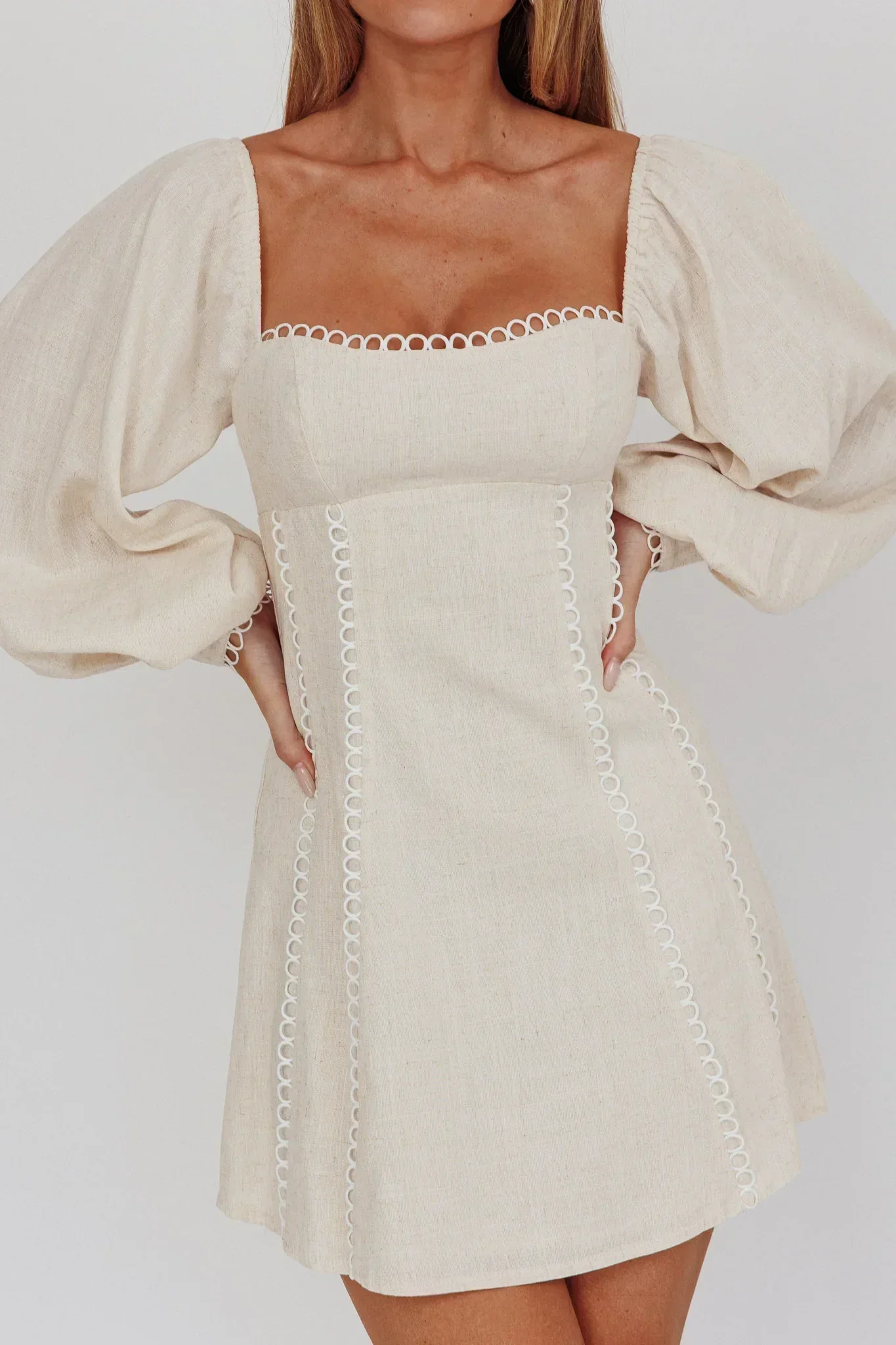 Chamberlain Balloon Sleeves Mini Dress Beige - FASHION NOB