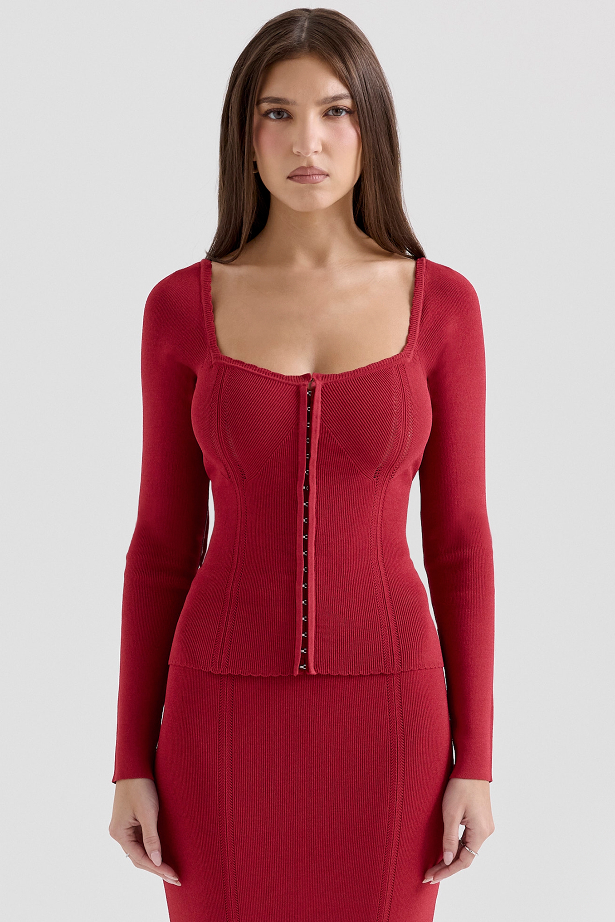 red fitted long sleeve top