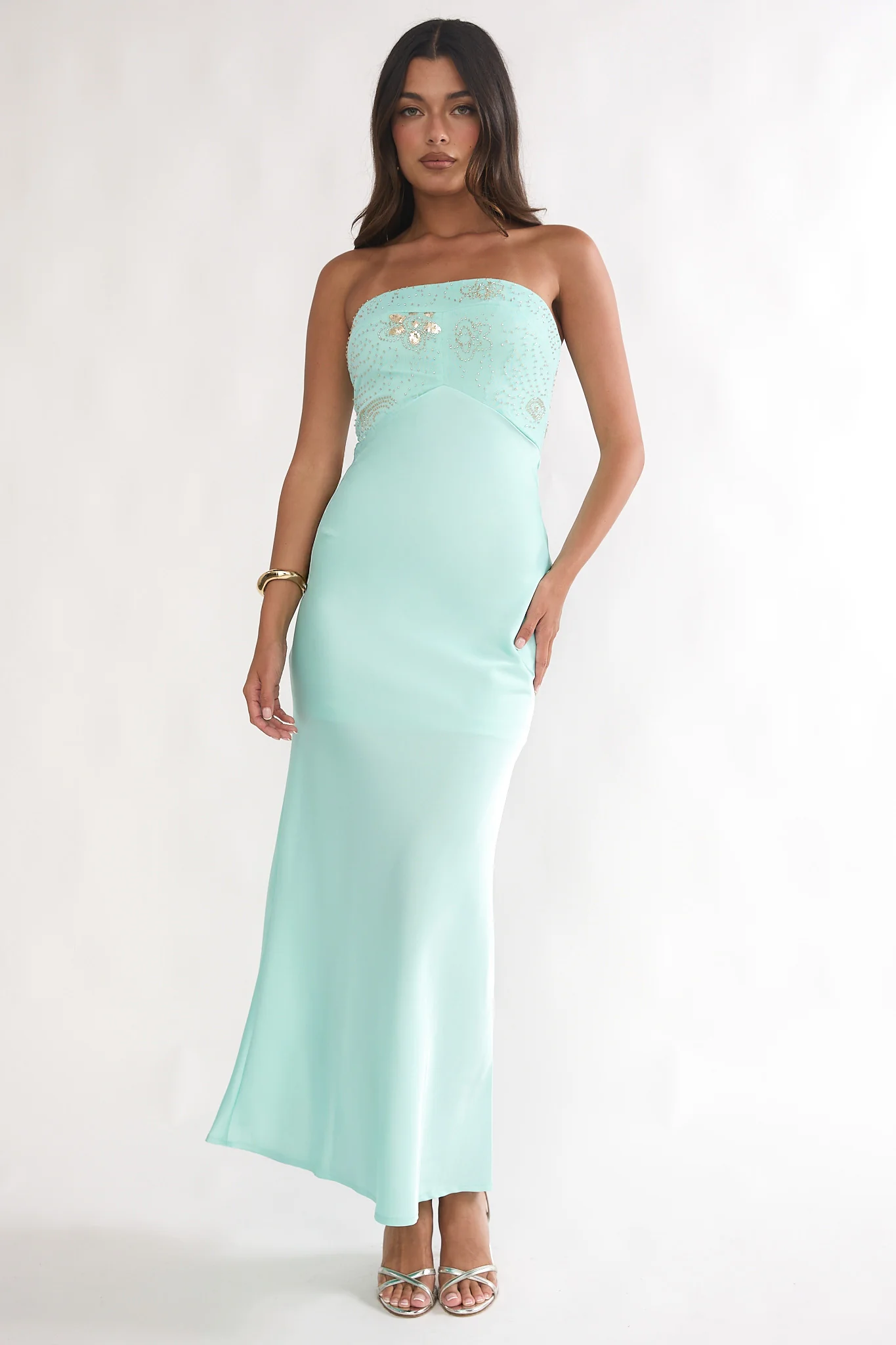At Dusk Beaded Bust Strapless Maxi Dress Blue