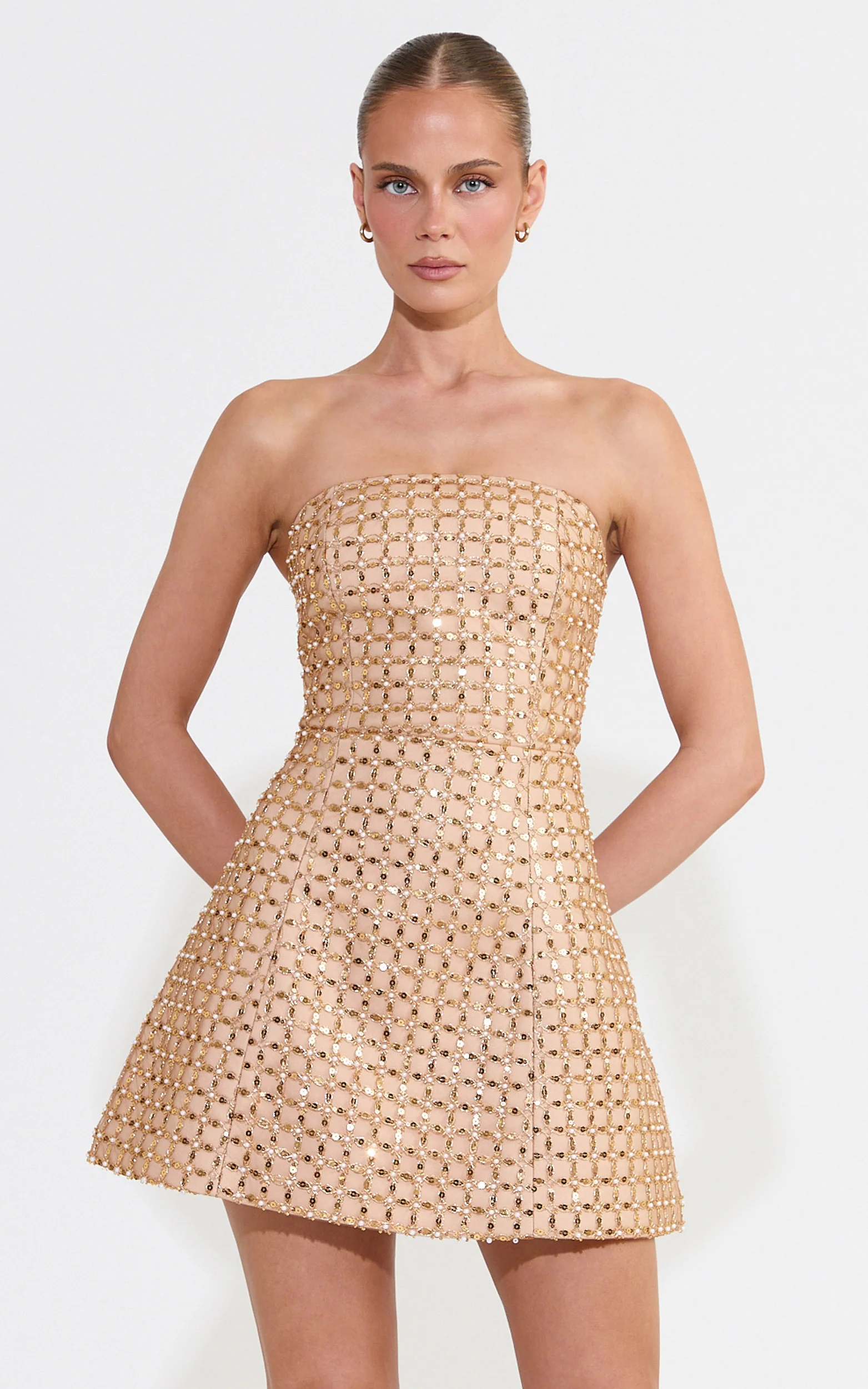 Camille Mini Dress Strapless Structured Beaded Sequin Dress in Gold