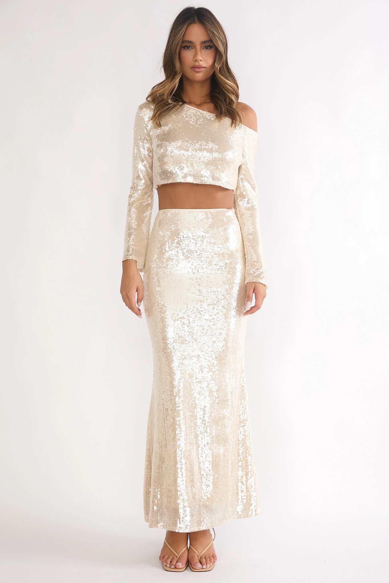 Crystalline Sequin Maxi Skirt Champagne