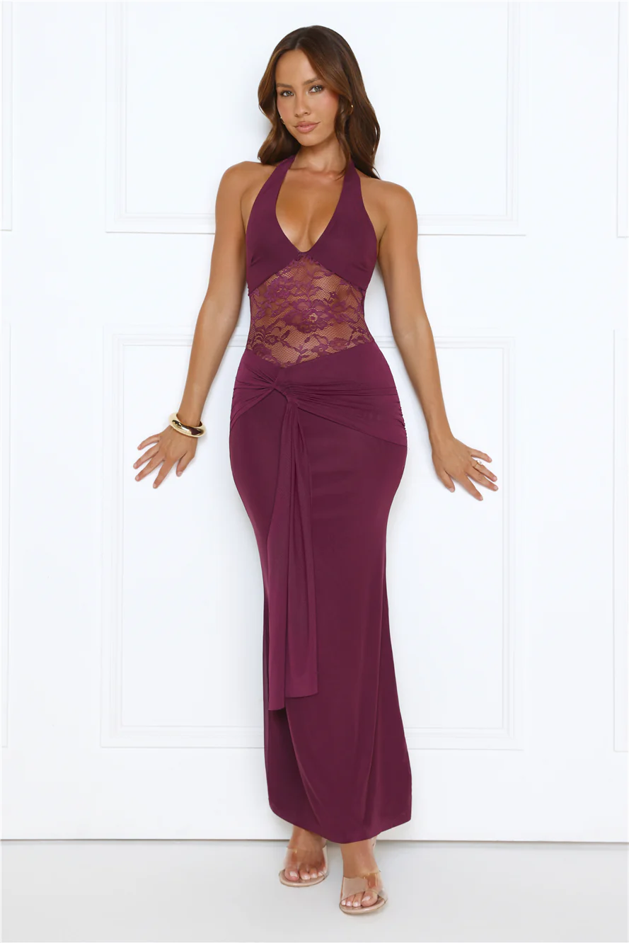 Haute Habit Halter Lace Maxi Dress Plum