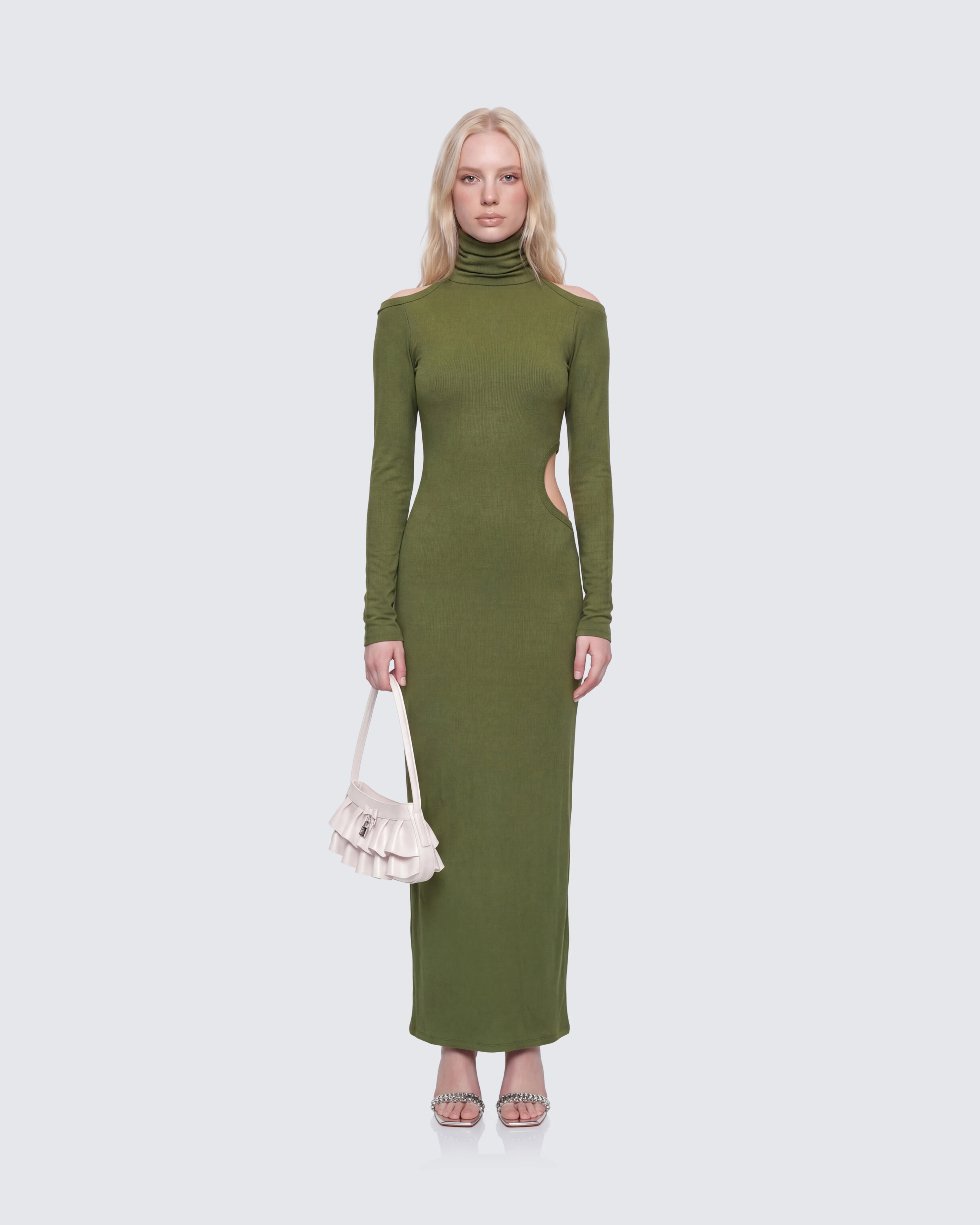 Aiko Olive Ribbed Cutout Maxi Dress