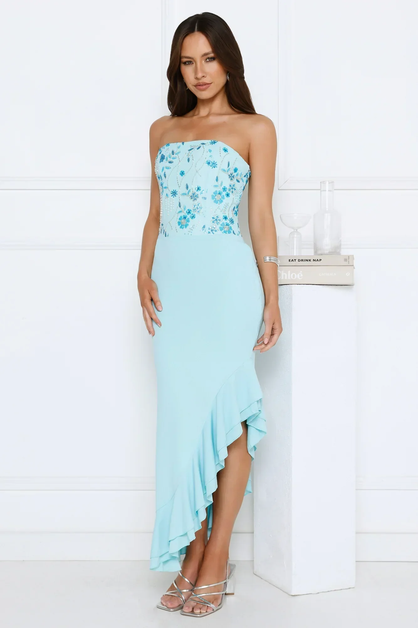 Enchanted Affection Strapless Sequin Midi Dress