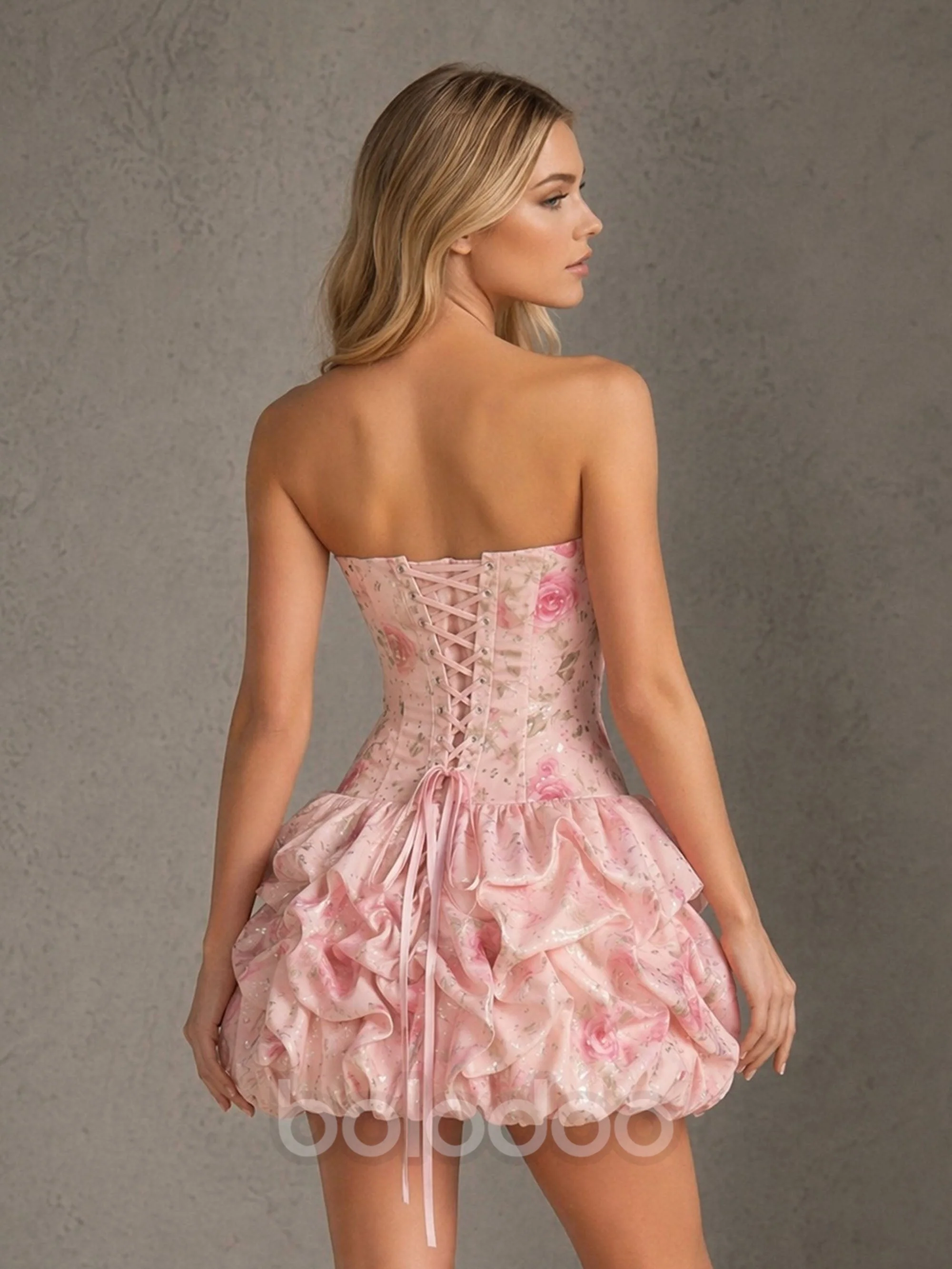 BOLODOO Blush Pink 3D Rose Glitter Organza Strapless Corset Bodice Bubble Mini Dress | Lace-Up Back