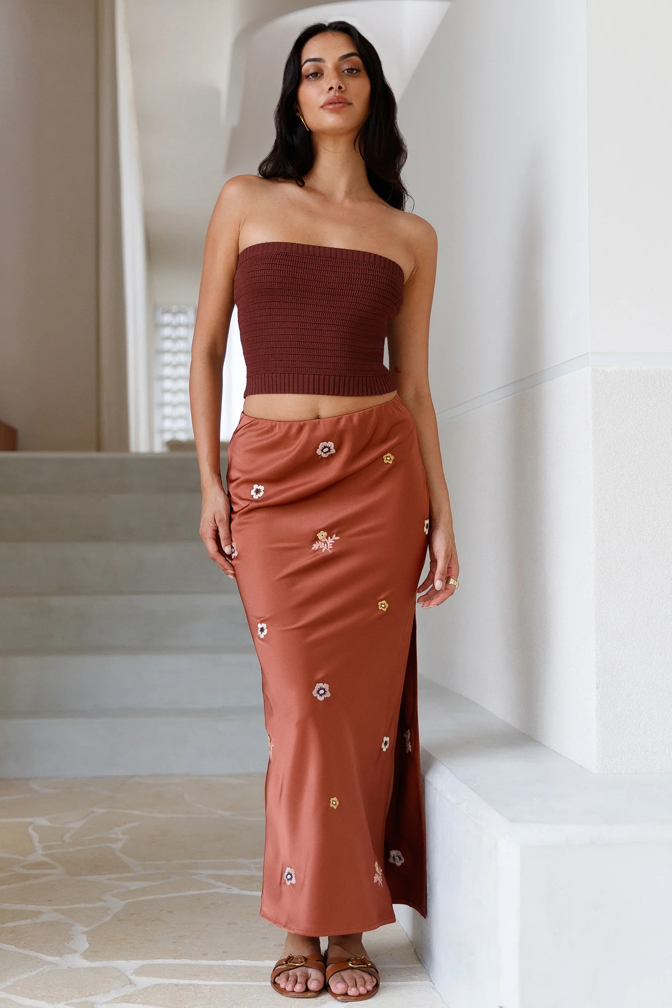 Sundown Bloom Midi Skirt Brown