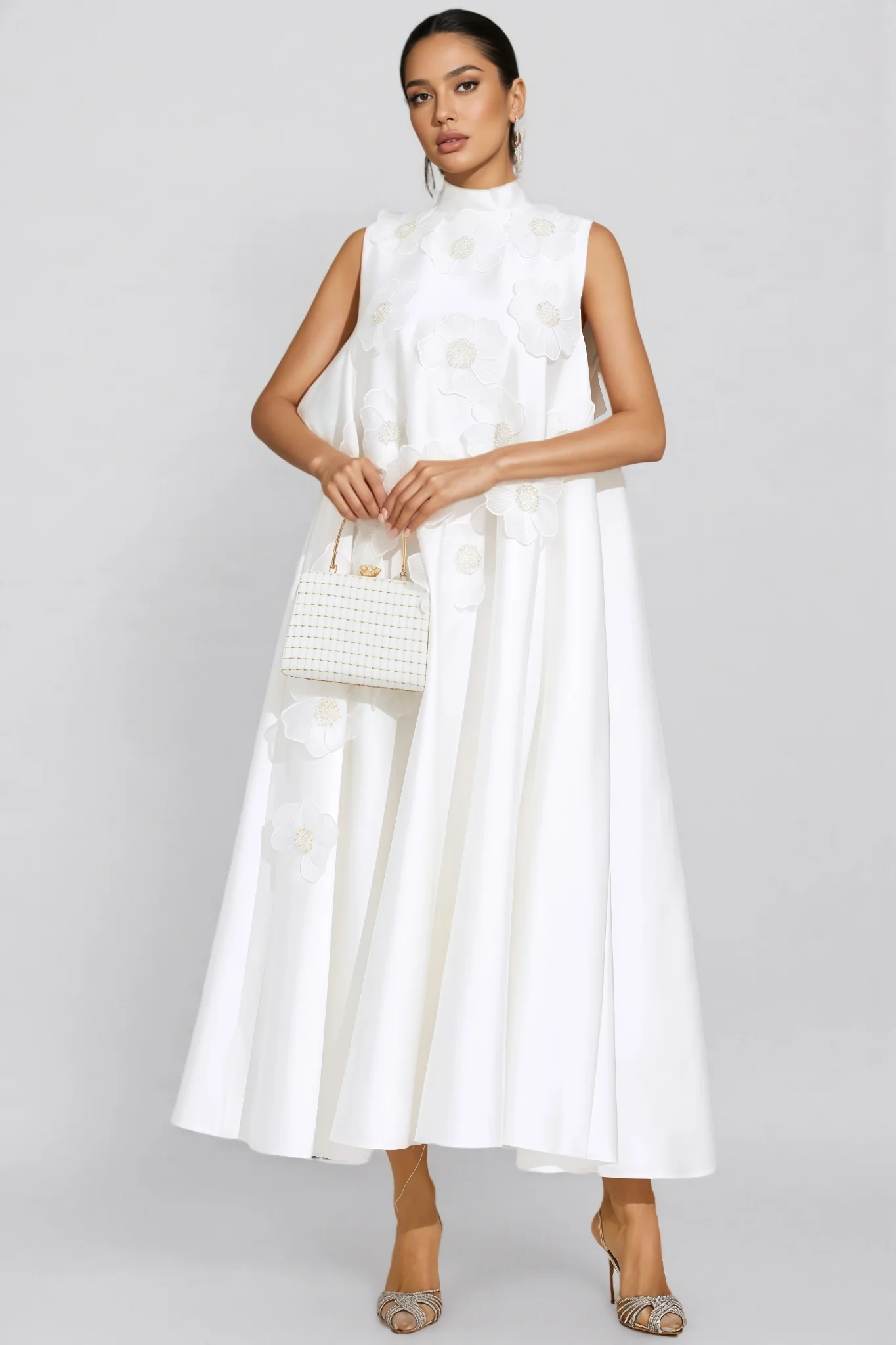 Jaxsty White Flowers Sleeveless Maxi Dress