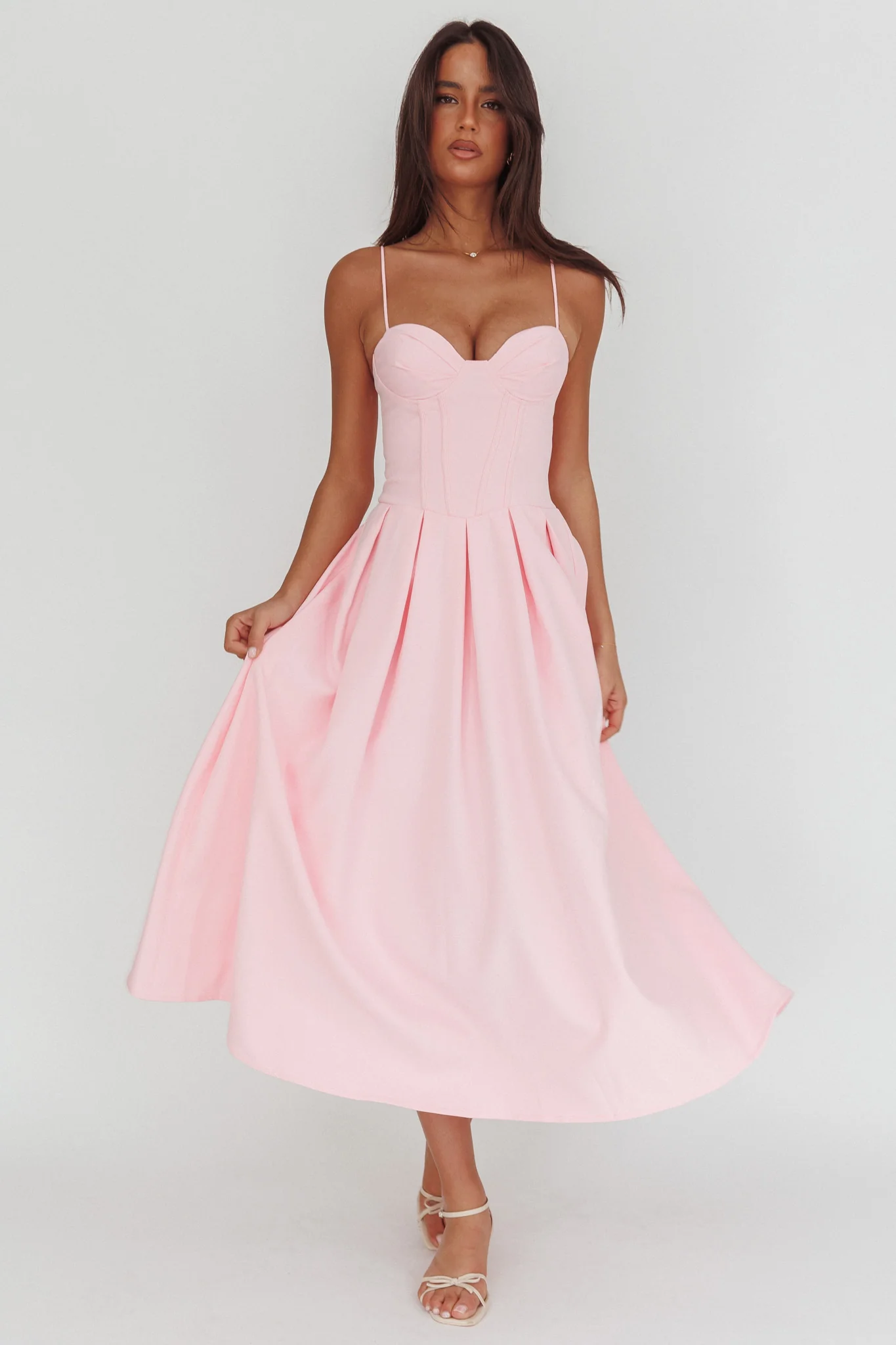 Kearsy Box Pleat Sweetheart Neckline Midi Dress Pink