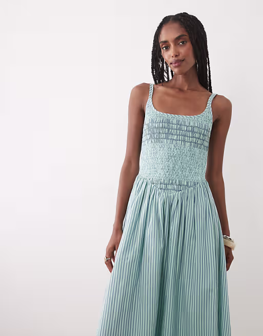 Abercrombie & Fitch scoop neck dipped waist midaxi dress in blue stripes