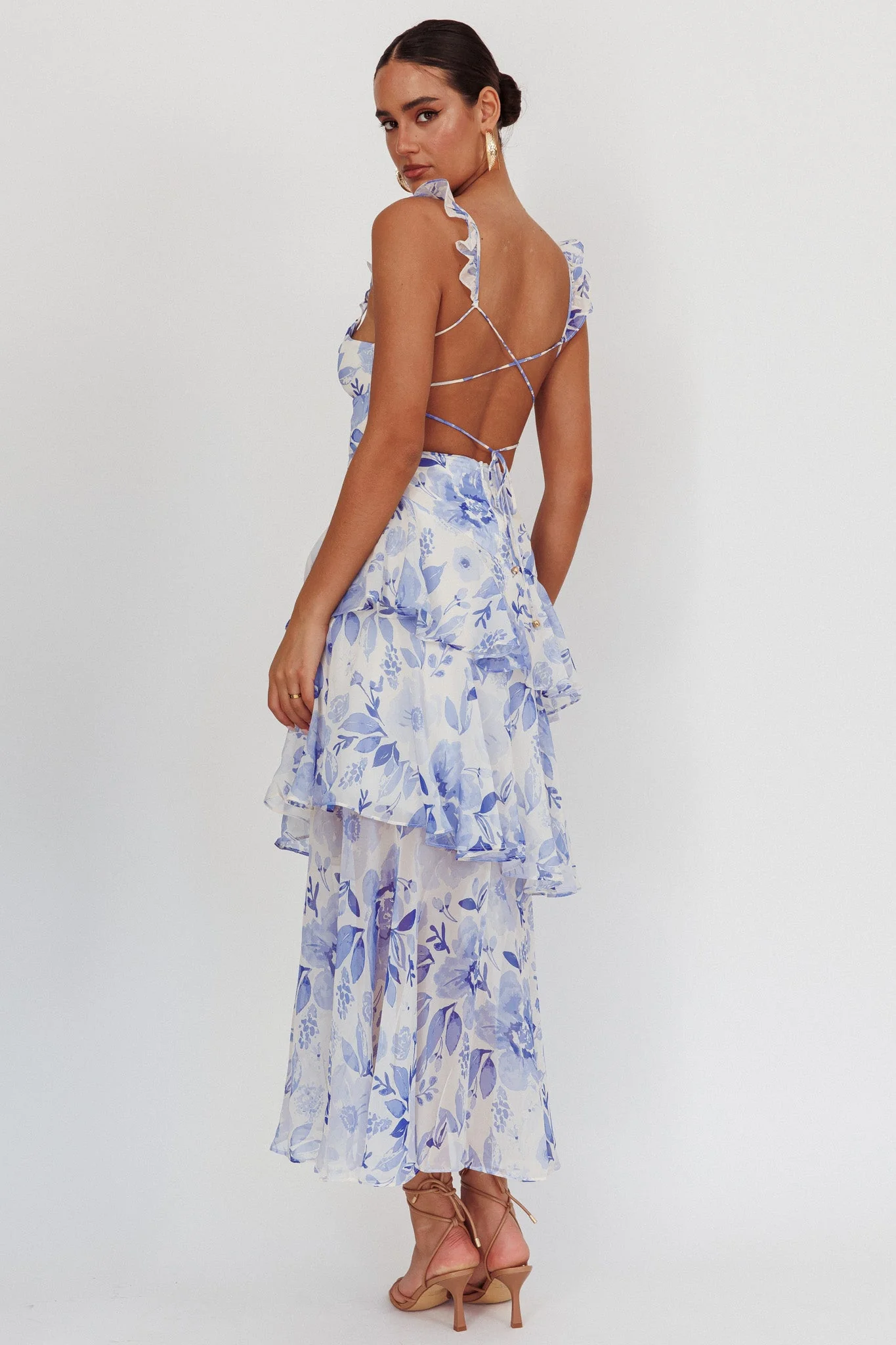 Veda Strappy Back Ruffle Maxi Dress Flowers Blue - luluinthesky