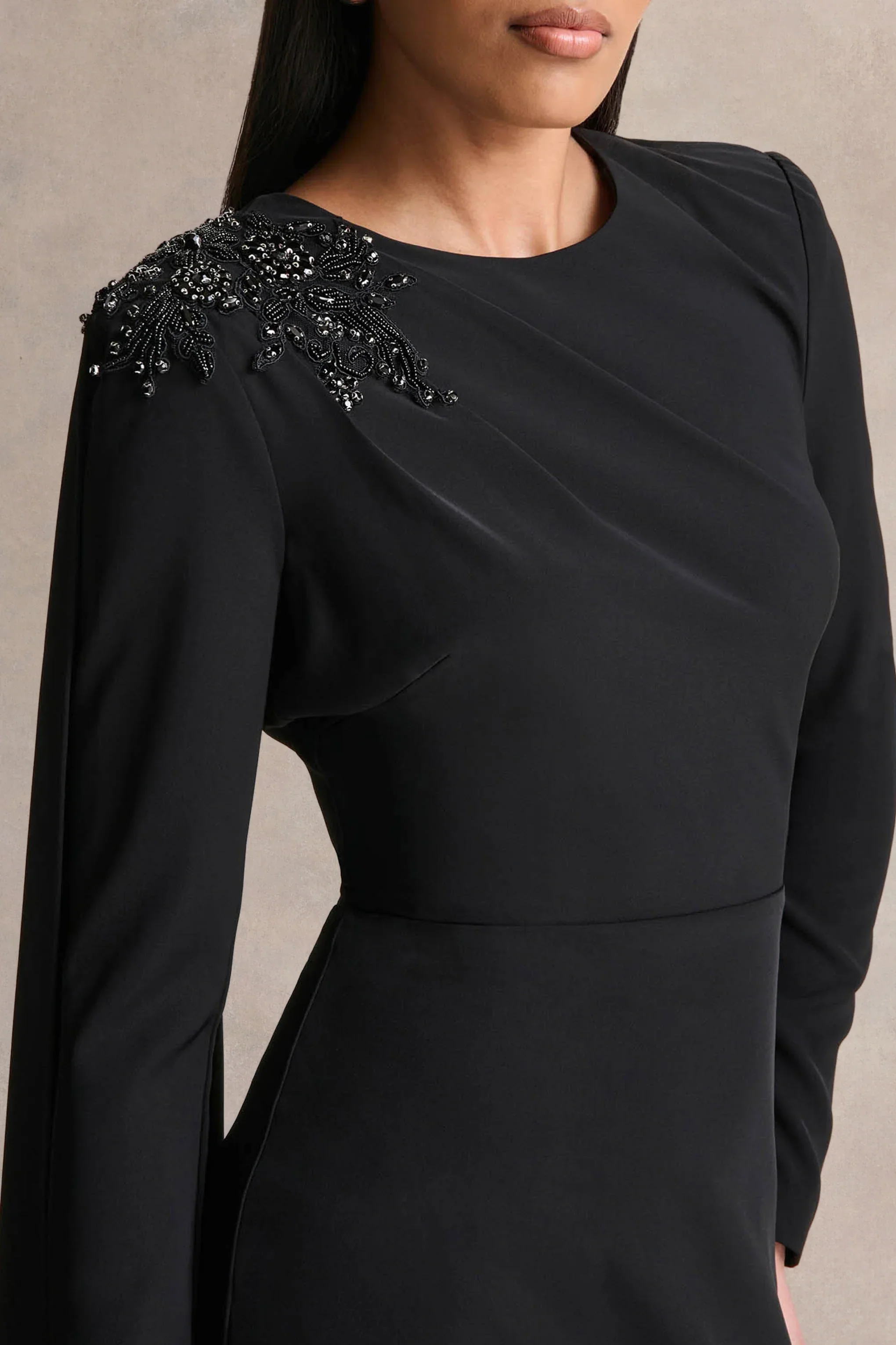 Reese | Black High-Neck Maxi Dress With Embellished Detail and Sash