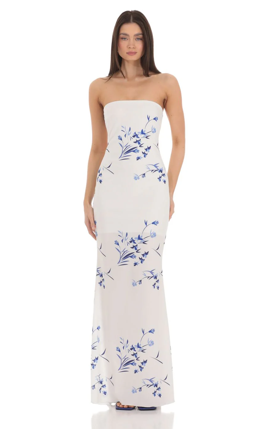 Floral Back Bow Strapless Maxi Dress in White