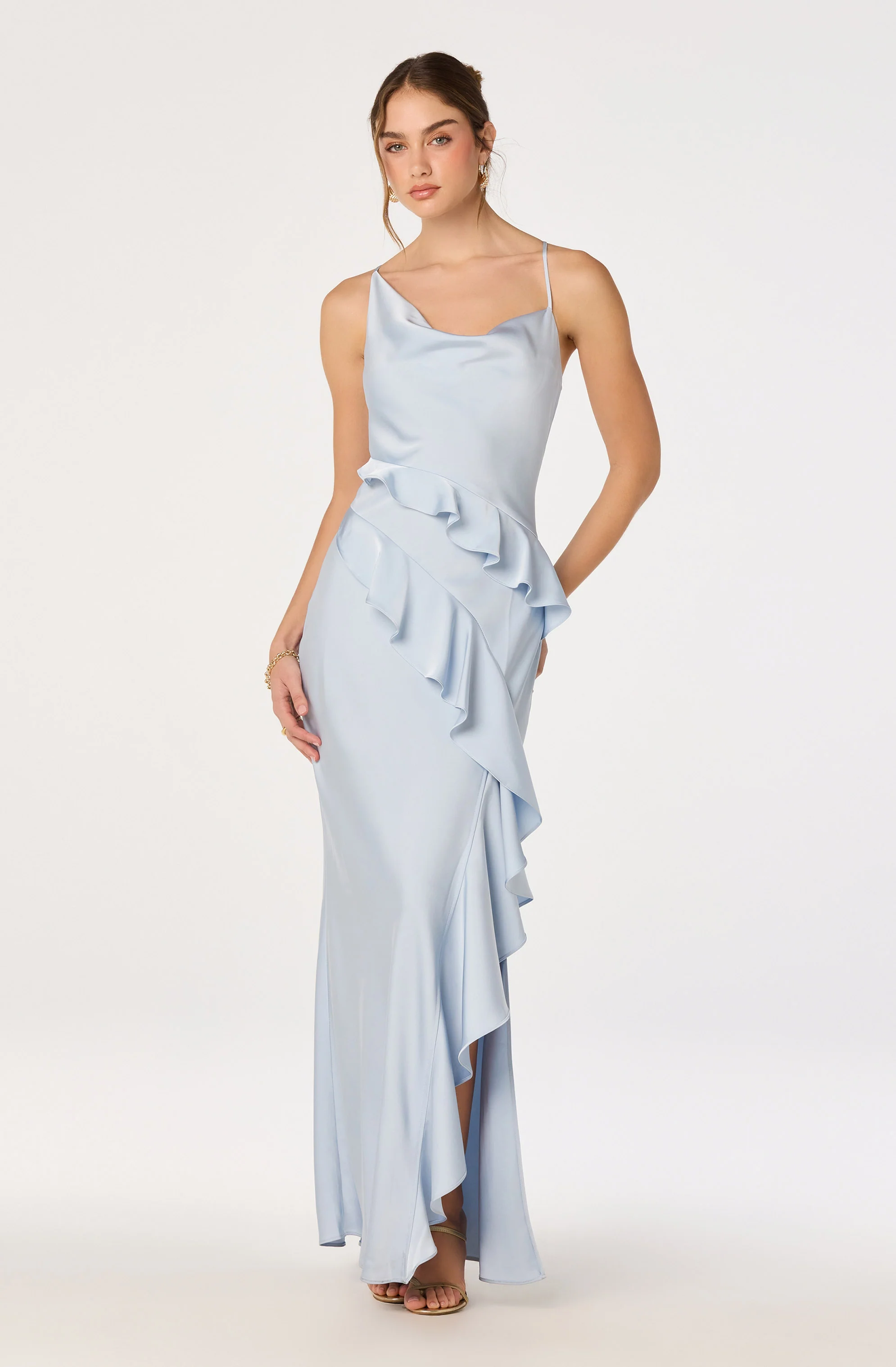 Adelina Satin Ruffle Maxi Dress
