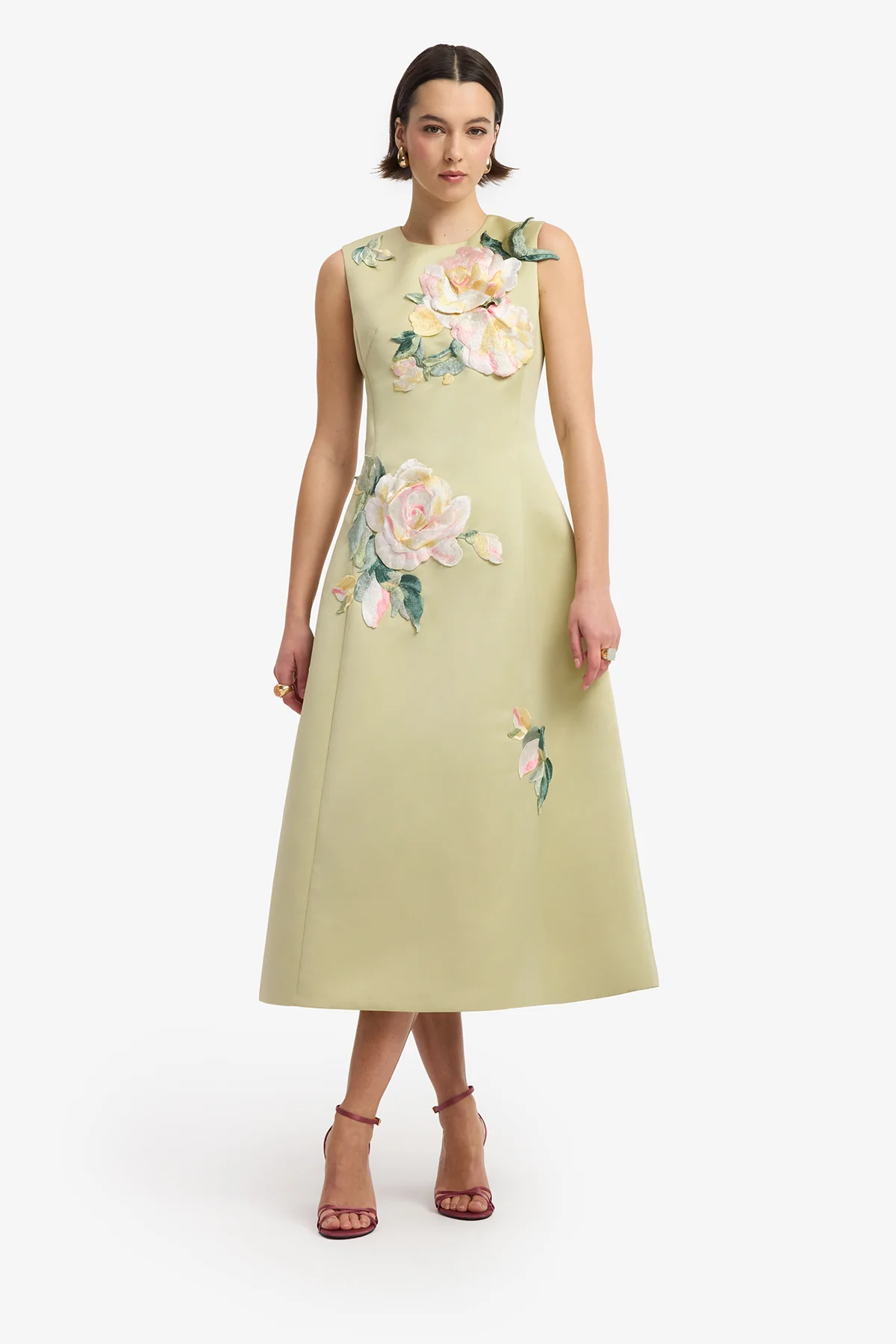 Cleo Embroidered Sleeveless Midi Dress - Pistachio Rose Print