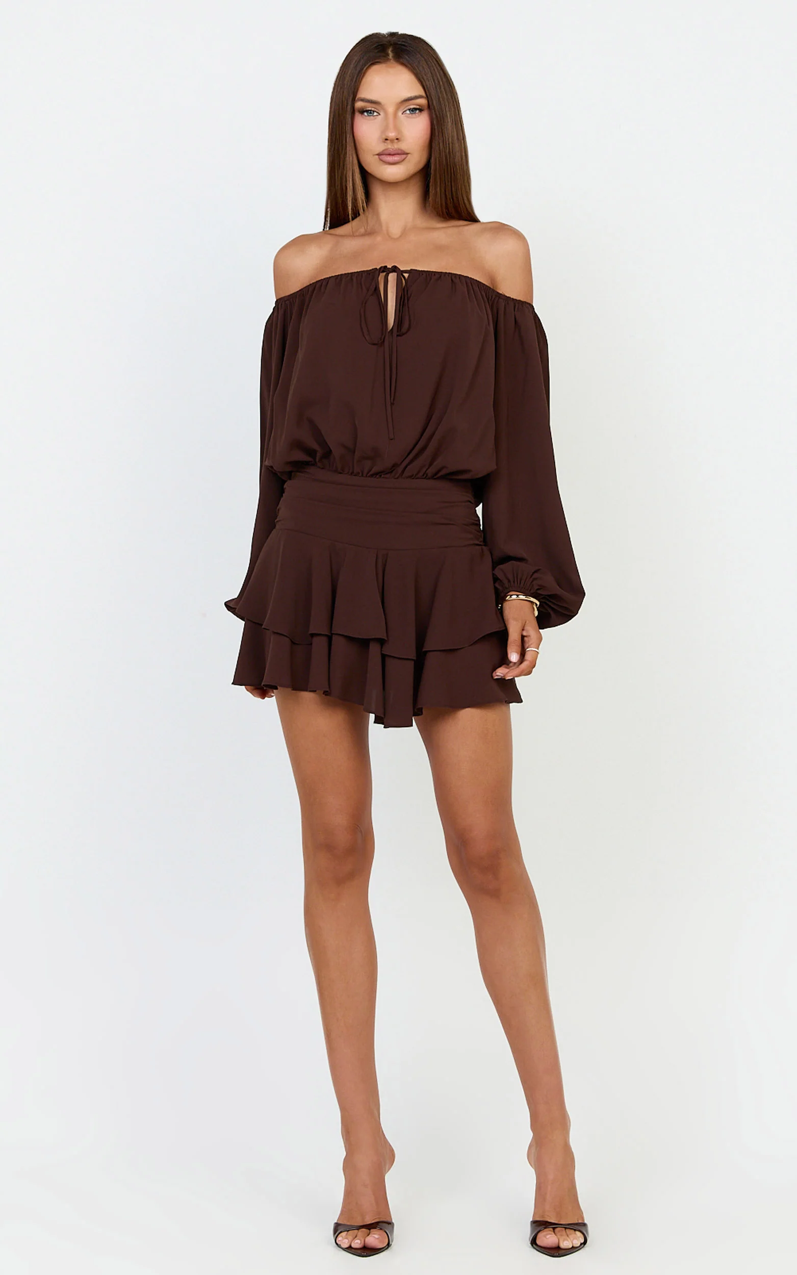 Sailor Mini Dress - Off Shoulder Ruffle Skirt Dress in Chocolate