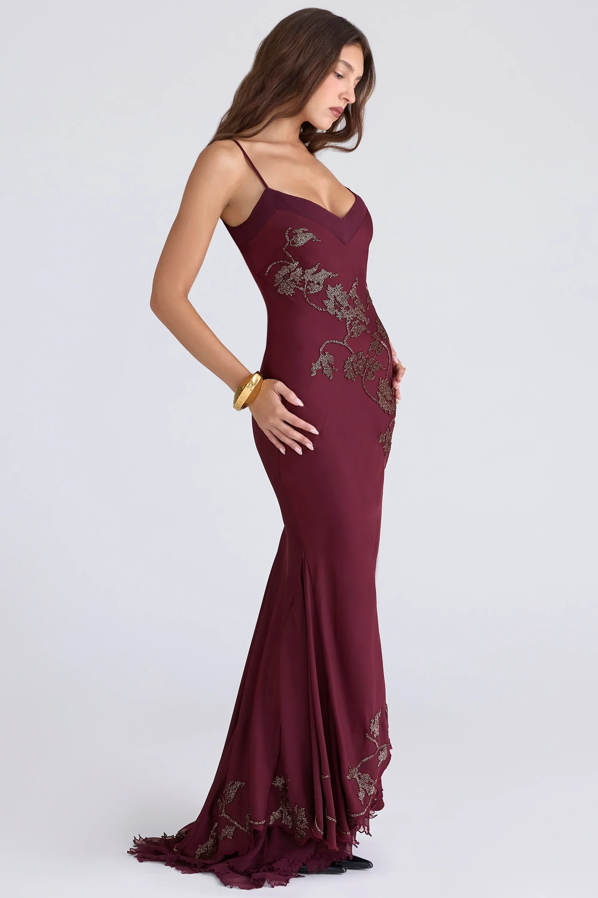 plum hand beaded embellished satin maxi gown - limited edition