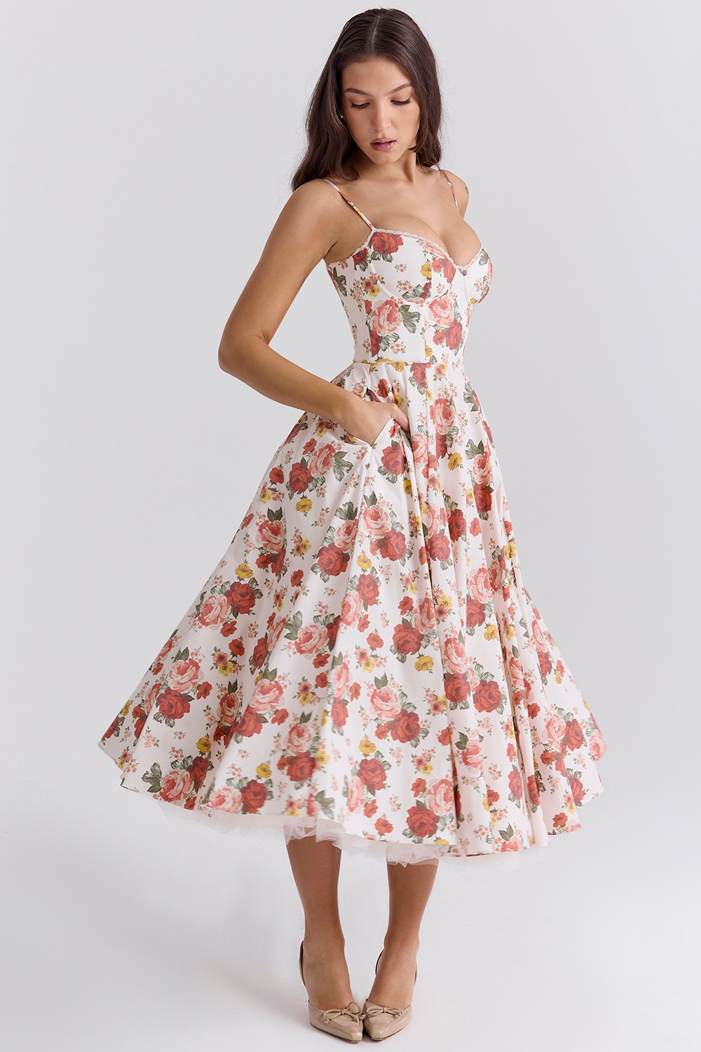 italian rose print tulle midi dress