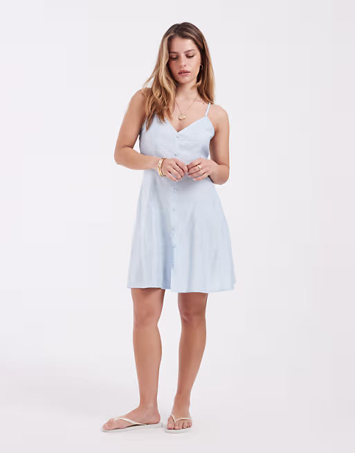 Vero Moda Petite button front cami mini skater dress in light blue